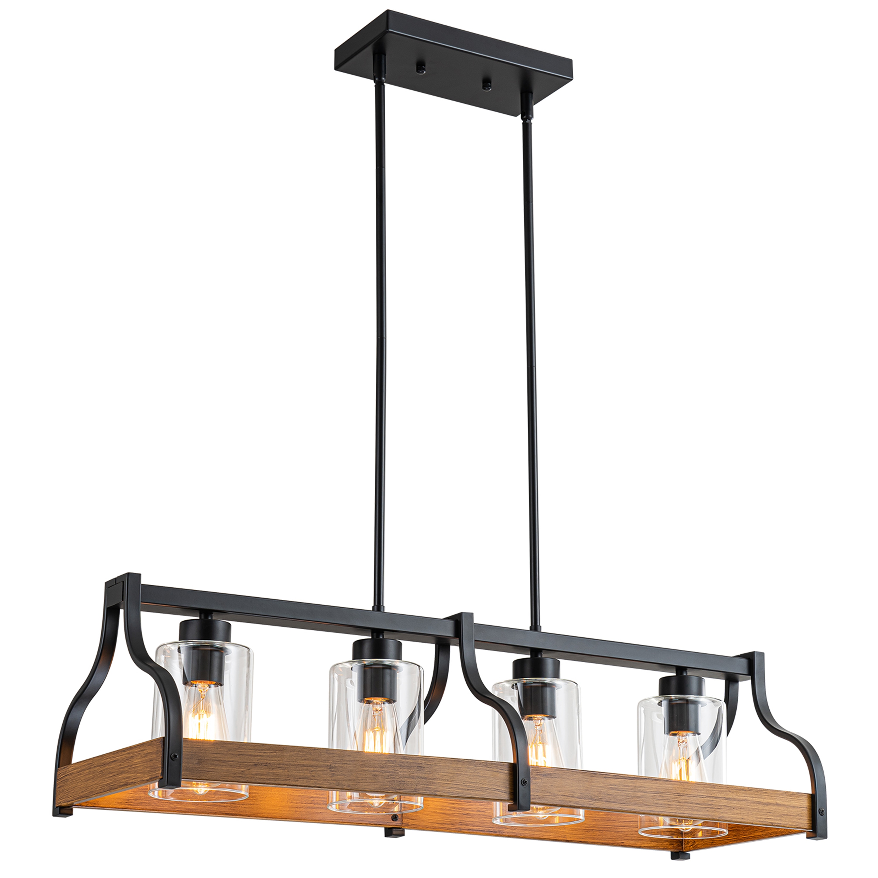 GoYeel ZP070BL04 4 -Light Black and Brown Farmhouse Clear glass Geometric Large Hanging Kitchen island light