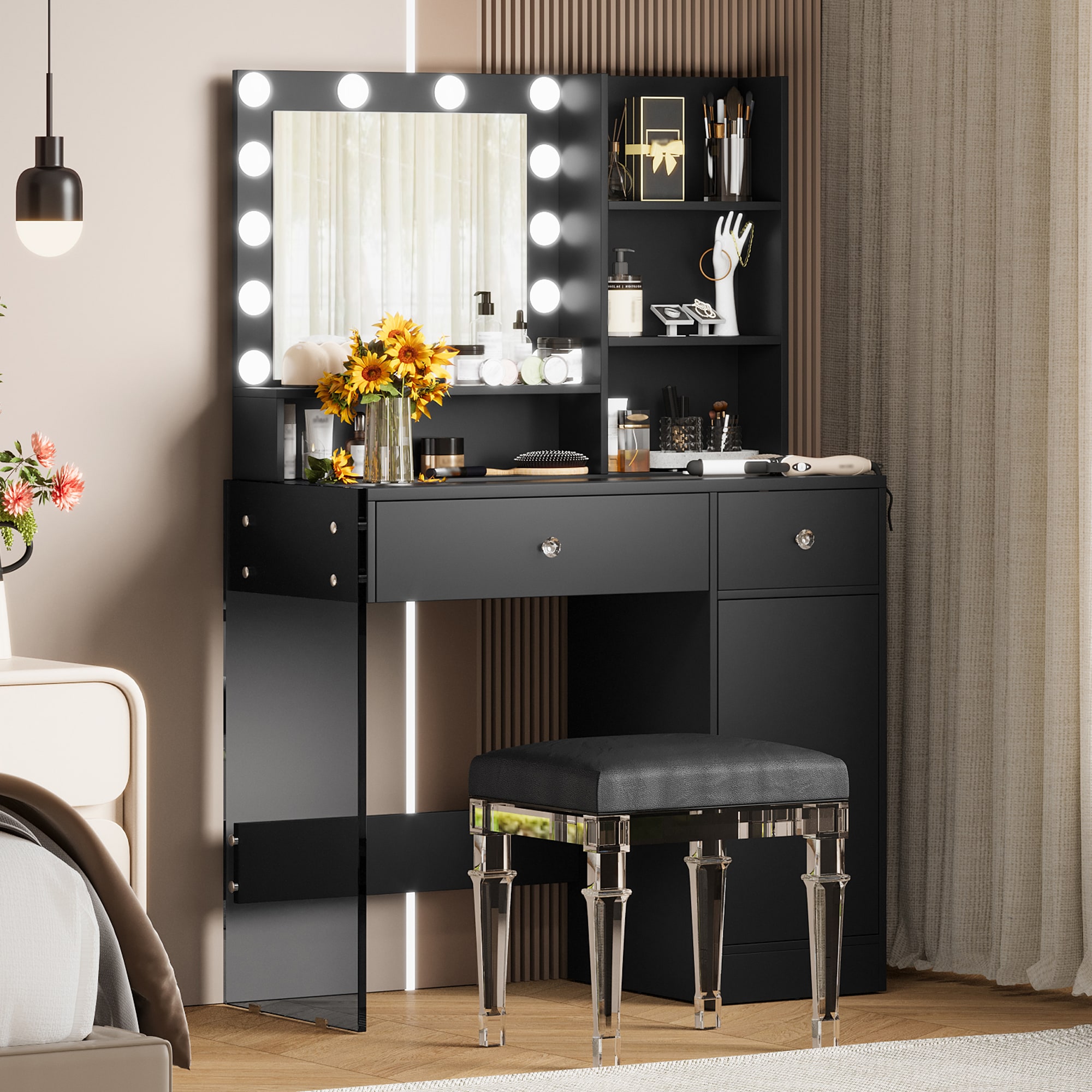 ModernLuxe N704P281506B Vanity Desk with Mirror and 3 Lighting Modes Makeup Vanity with Glass Top and Storage Shelves Dressing Table with 2 Drawers and Cabinet Black
