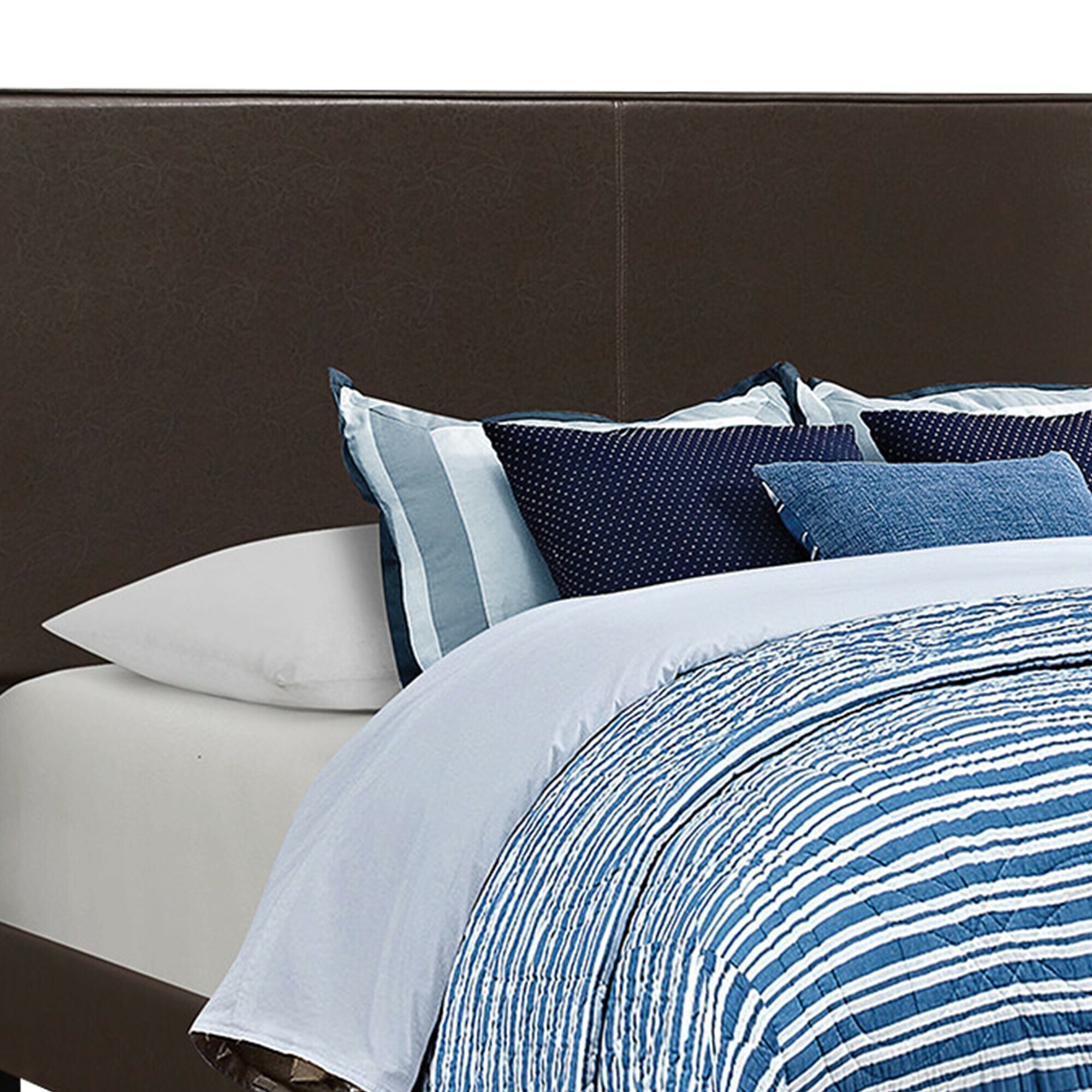 Contemporary Brown Leather-Clad Queen Platform Bed with Wooden Frame