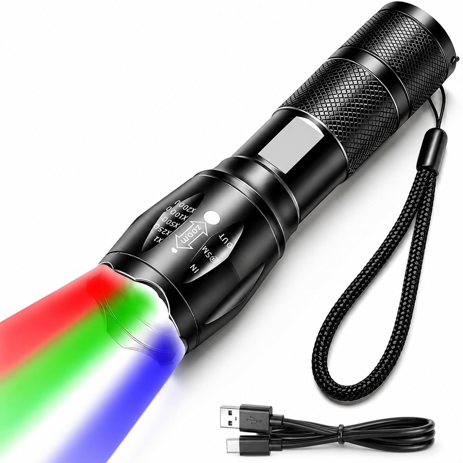 SenQWFa  4 in 1 renewable power Flashlight Multi Color LED White Red Blue Green Torch with 4 Modes High Lumens Zoomable for Camping Observation