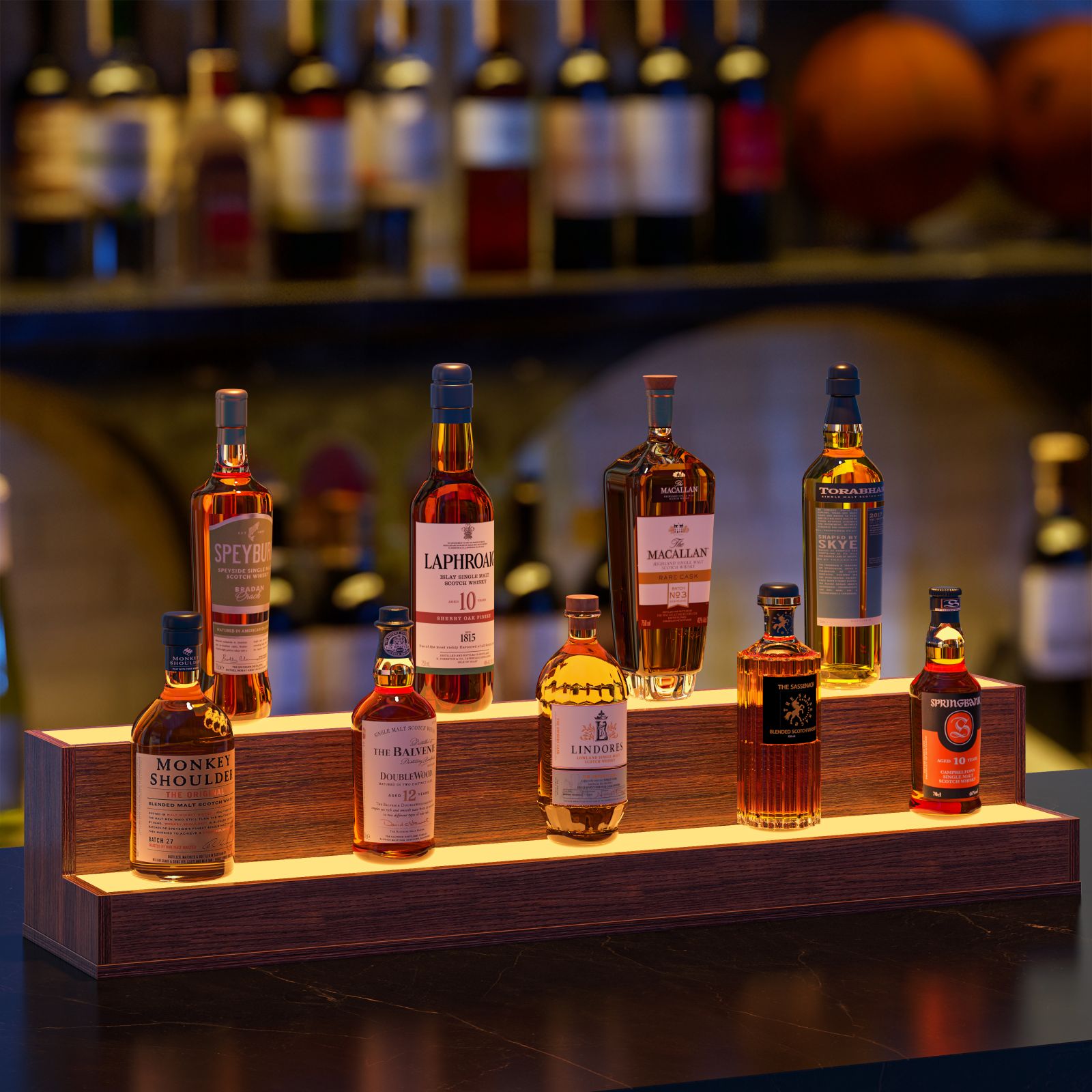 GDFStudio Modern 37 Inch LED Lighted Liquor Bottle Display Shelf with App and Remote Control Music Sync 2 Step Freestanding Bar Shelf Walnut