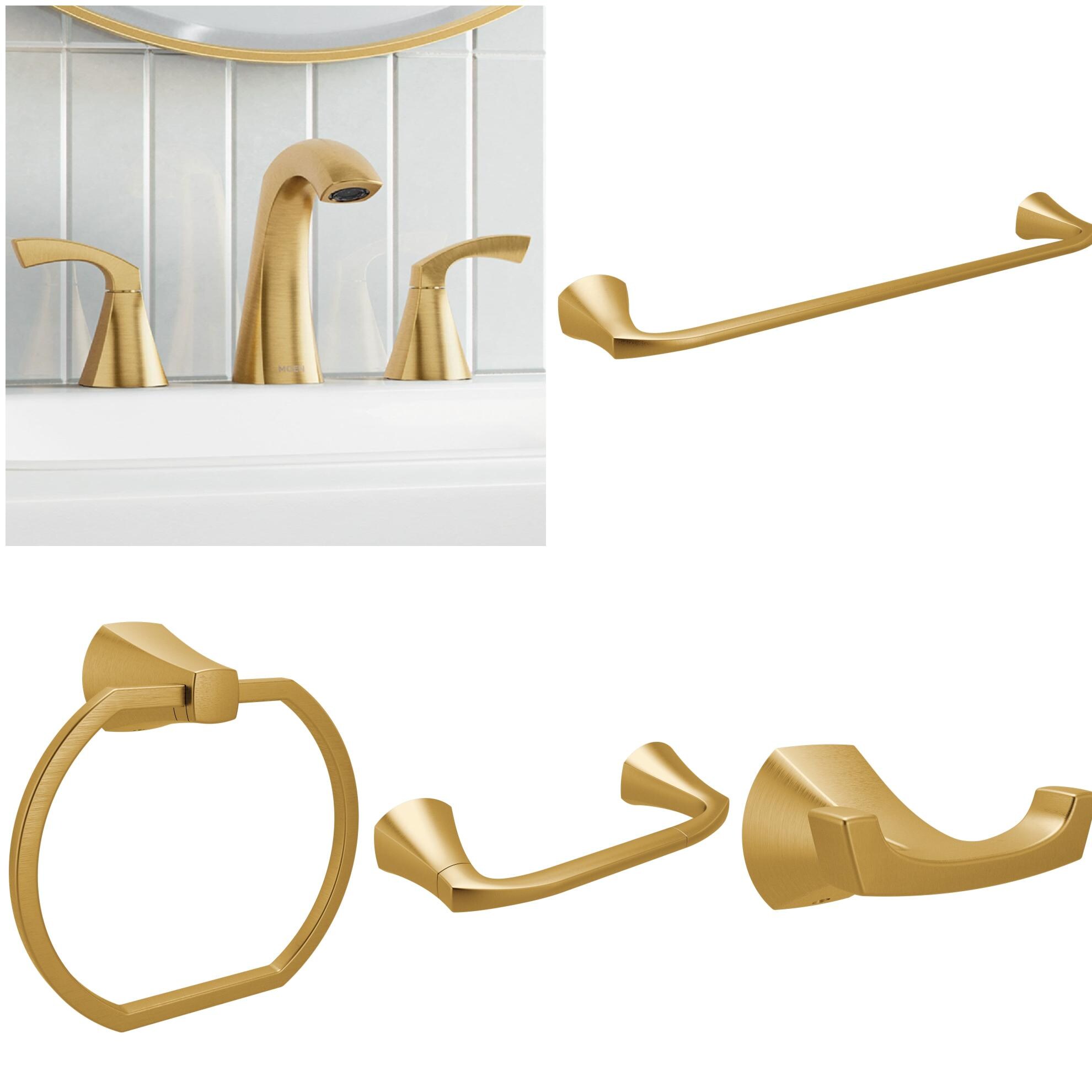 Moen Moen Lindor Brushed Gold 2-Handle Widespread Bathroom Sink Faucet with 18-in Towel Bar, Towel Ring, Pivoting Paper Holder, and Robe Hook