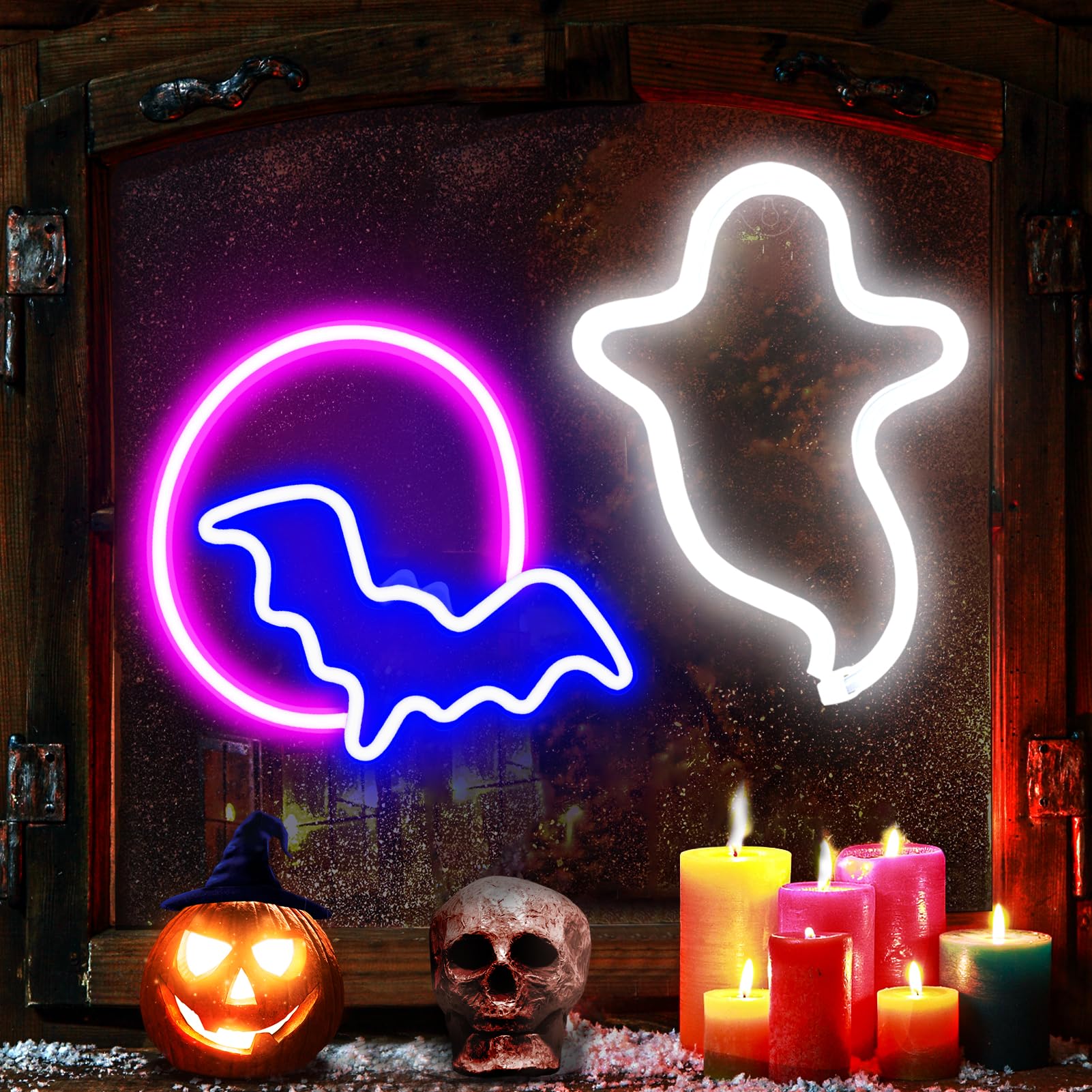 Oyezvary  2 pack Halloween LED neon sign lights ghost bat and moon hanging for indoor home window party decorations waterproof easy to use