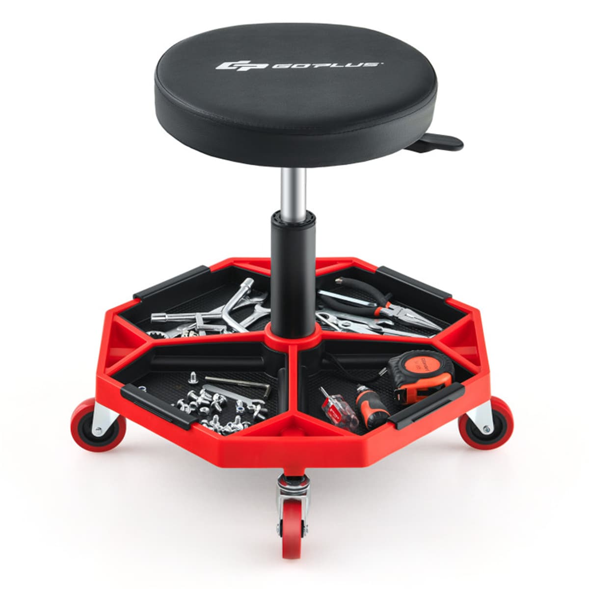 Loheer Heavy Duty Rolling Shop Stool Red Adjustable Height Mechanic Seat With Tool Tray Storage 330 lb Capacity Swivel Casters #94726478