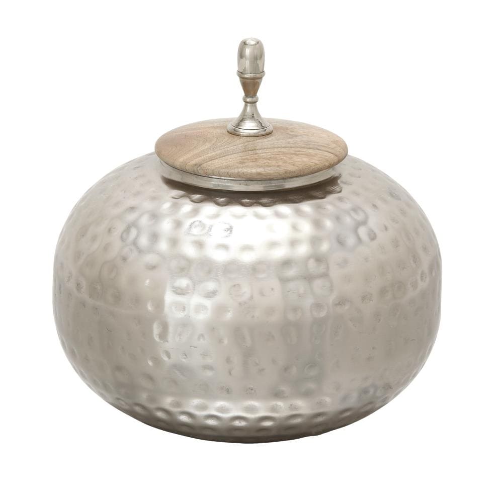 Silver Hammered Metal Decorative Jar with Wood Lid