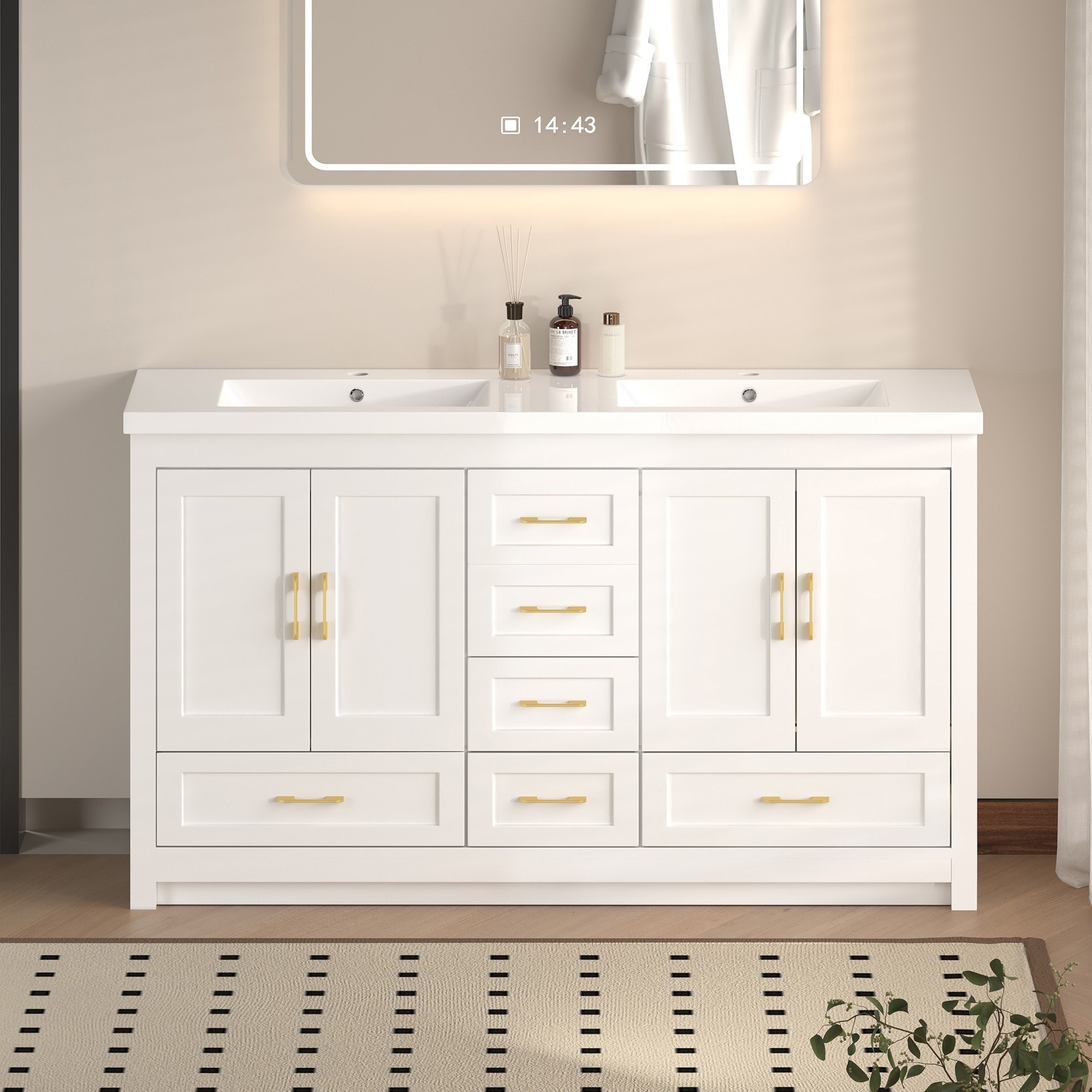 IAK 60 inch White Bathroom Vanity with MDF Cabinet and Soft Close Doors with Abundant Storage