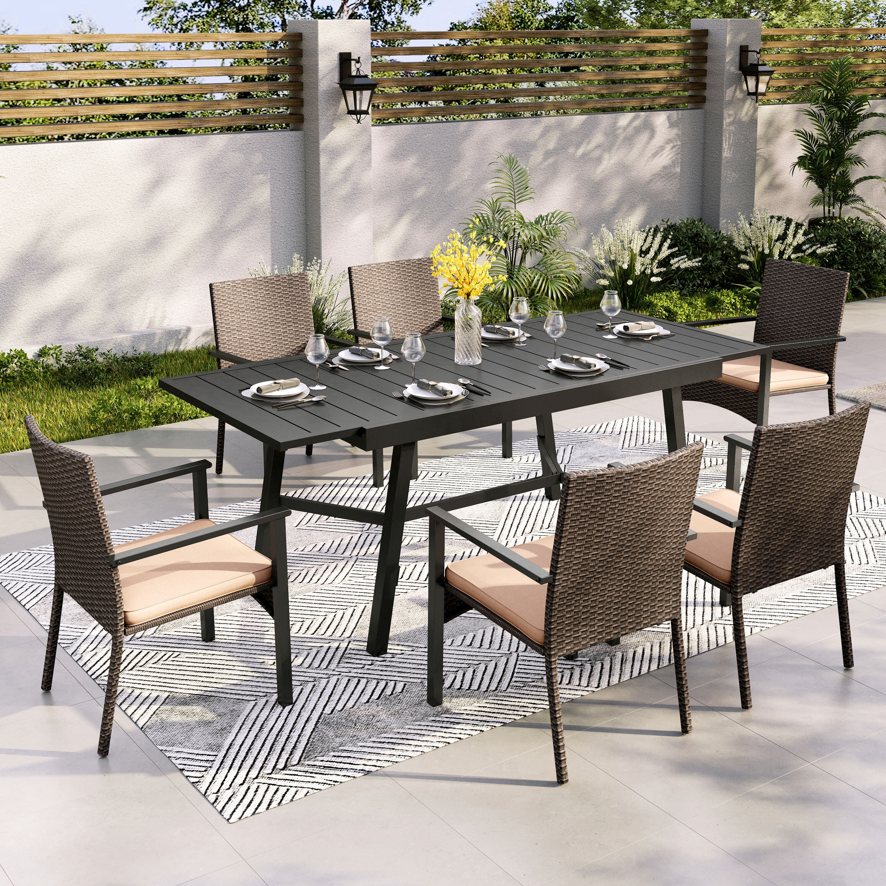 Sunshine Valley TC7-350-305 Outdoor Table and Chairs 7 -Piece Black Rattan Patio Dining Set Extendable Table Steel Rectangle Table with 6 Tan Cushions Stationary Chairs