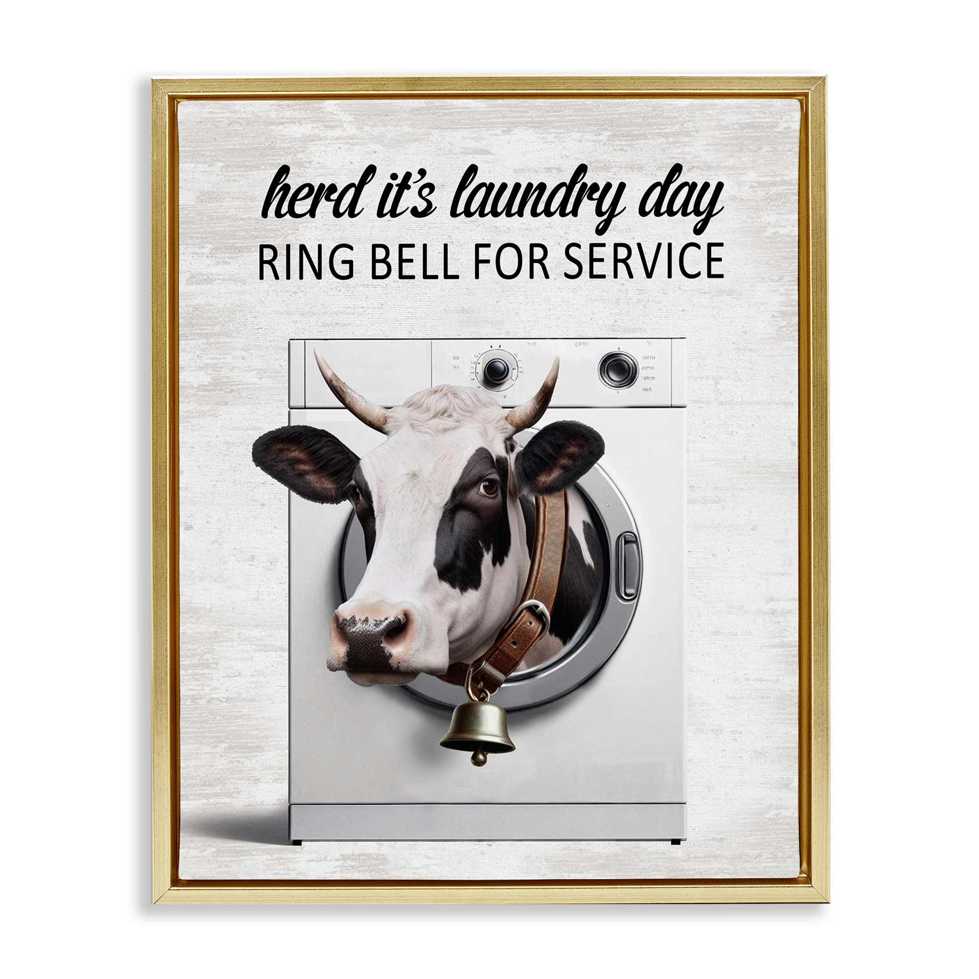 Stupell Industries BS-891-FFG-24X30 Ring Bell Laundry Service Cow Gold Framed Floater Canvas Wall Art By Lettered and Lined 25 x 31