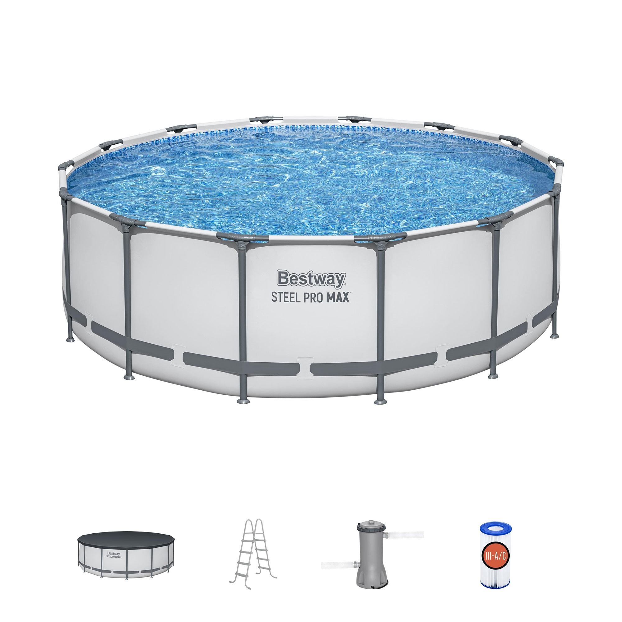 Bestway 207557 14-ft x 14-ft x 48-in Metal frame Round Above-Ground Pool with Filter Pump with Pool Cover with Ladder