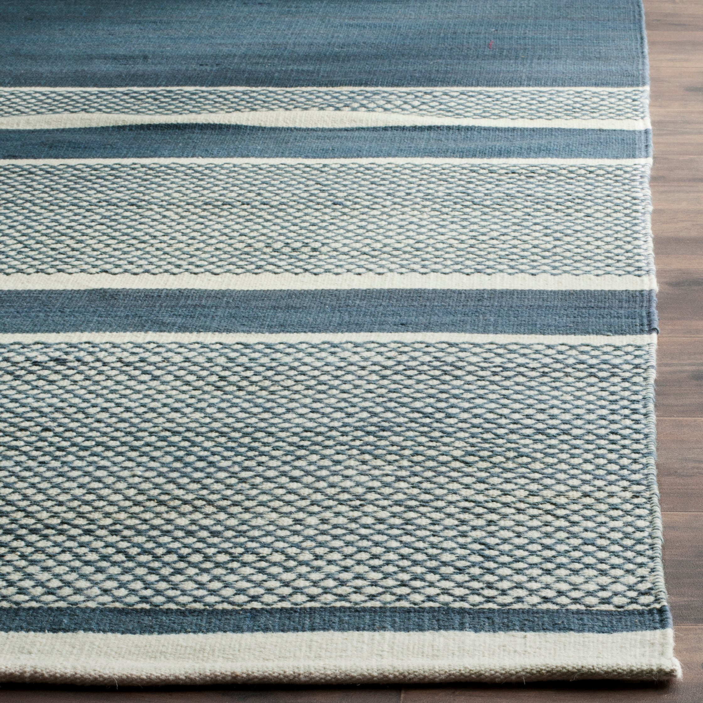 Blue and Ivory Striped Wool Cotton Kids' Washable Rug