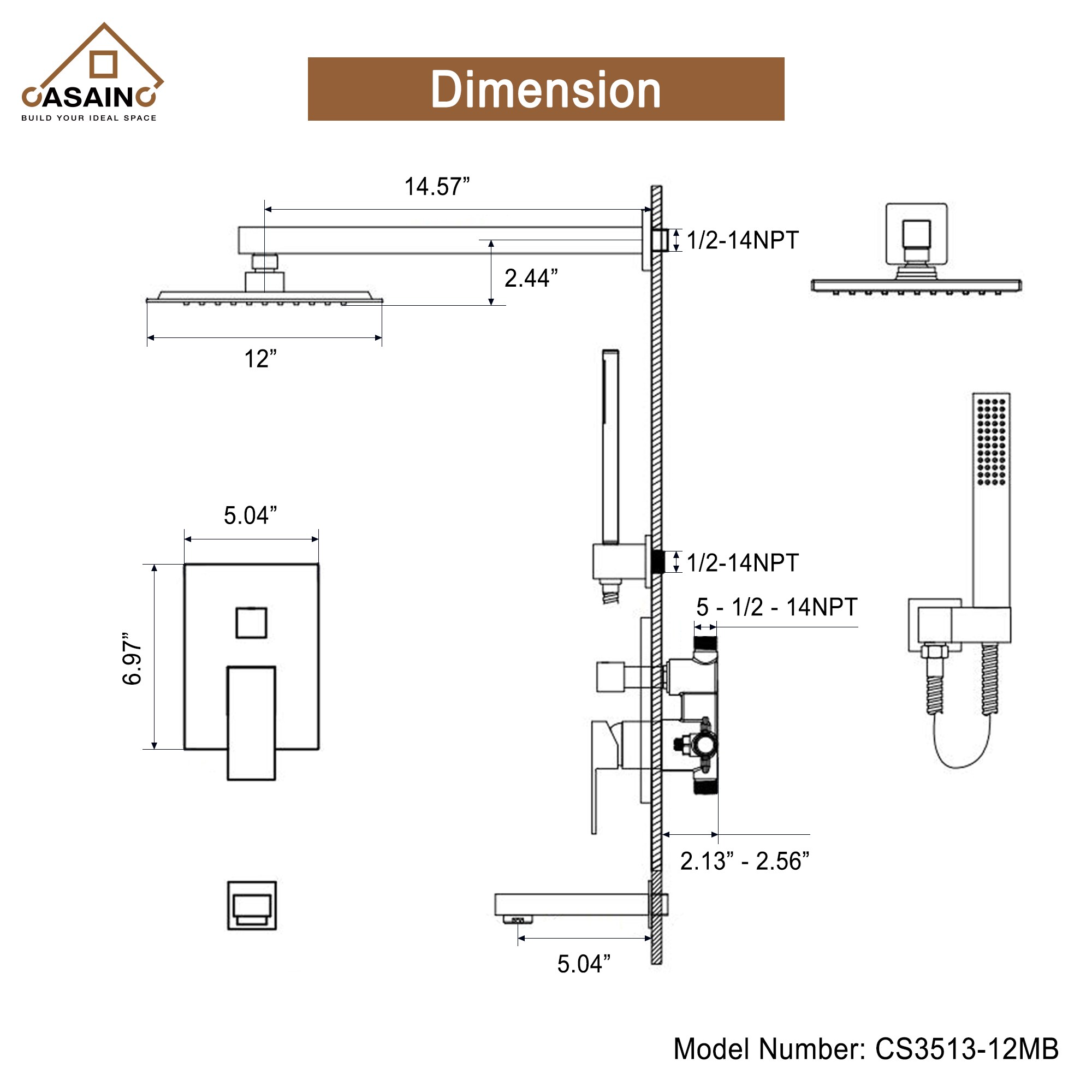 CASAINC CS3513-12MB Showerhead-Bar-Panels - View #2