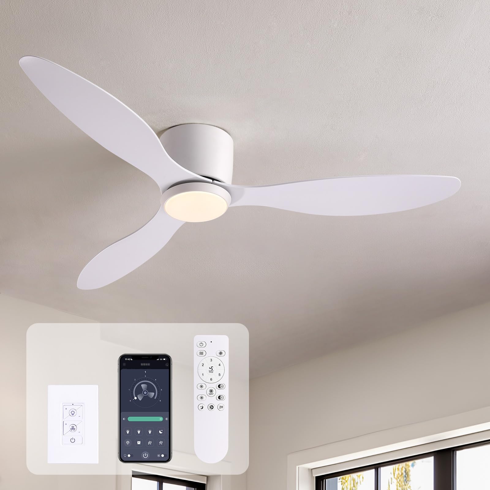 SILJOY CFL-1212-04 Flush mount Ceiling Fan with Light and Remote Control Include
