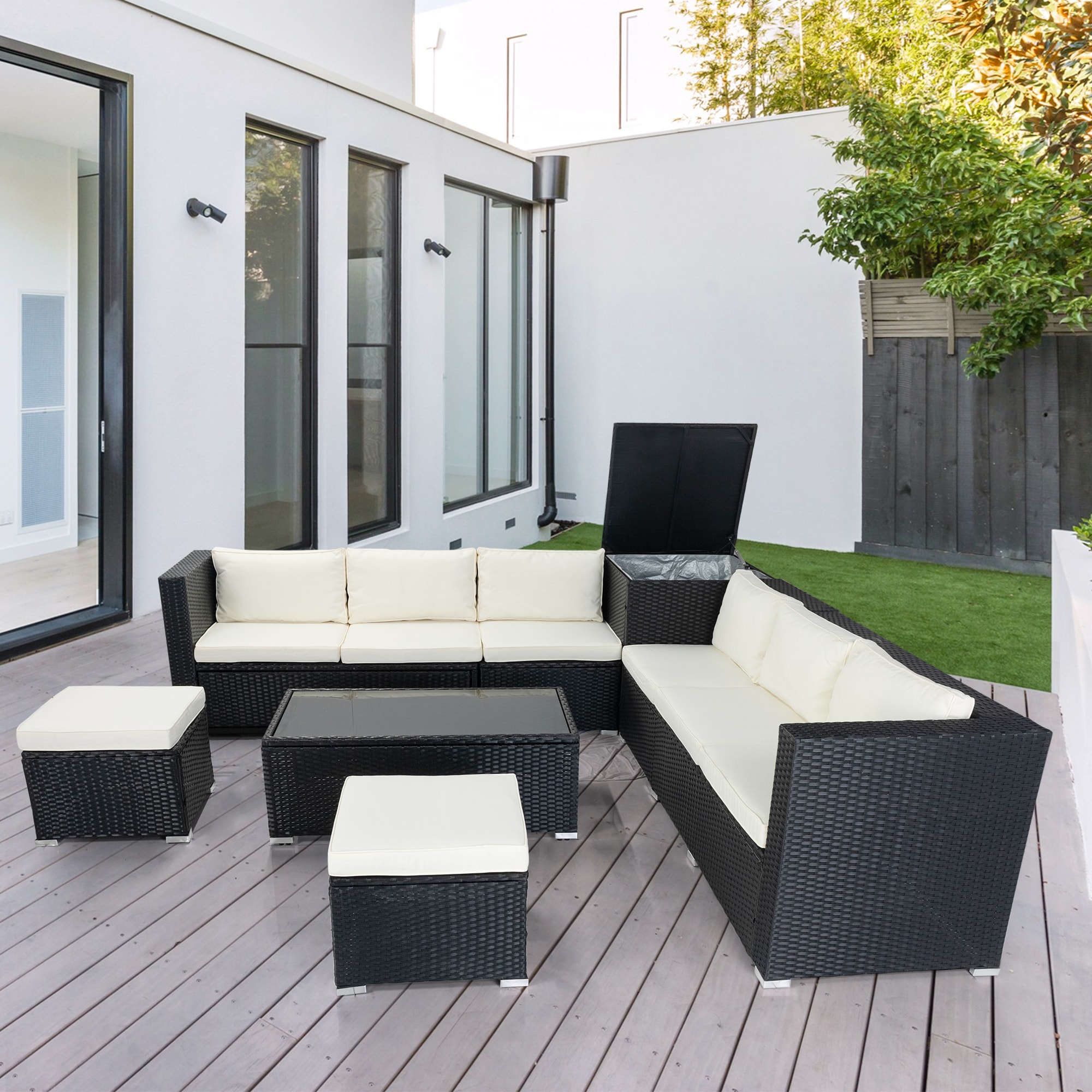 Nestfair PS20023B 14 -Piece Wicker 2 Patio Sofa Conversation Set with Off-white Cushions