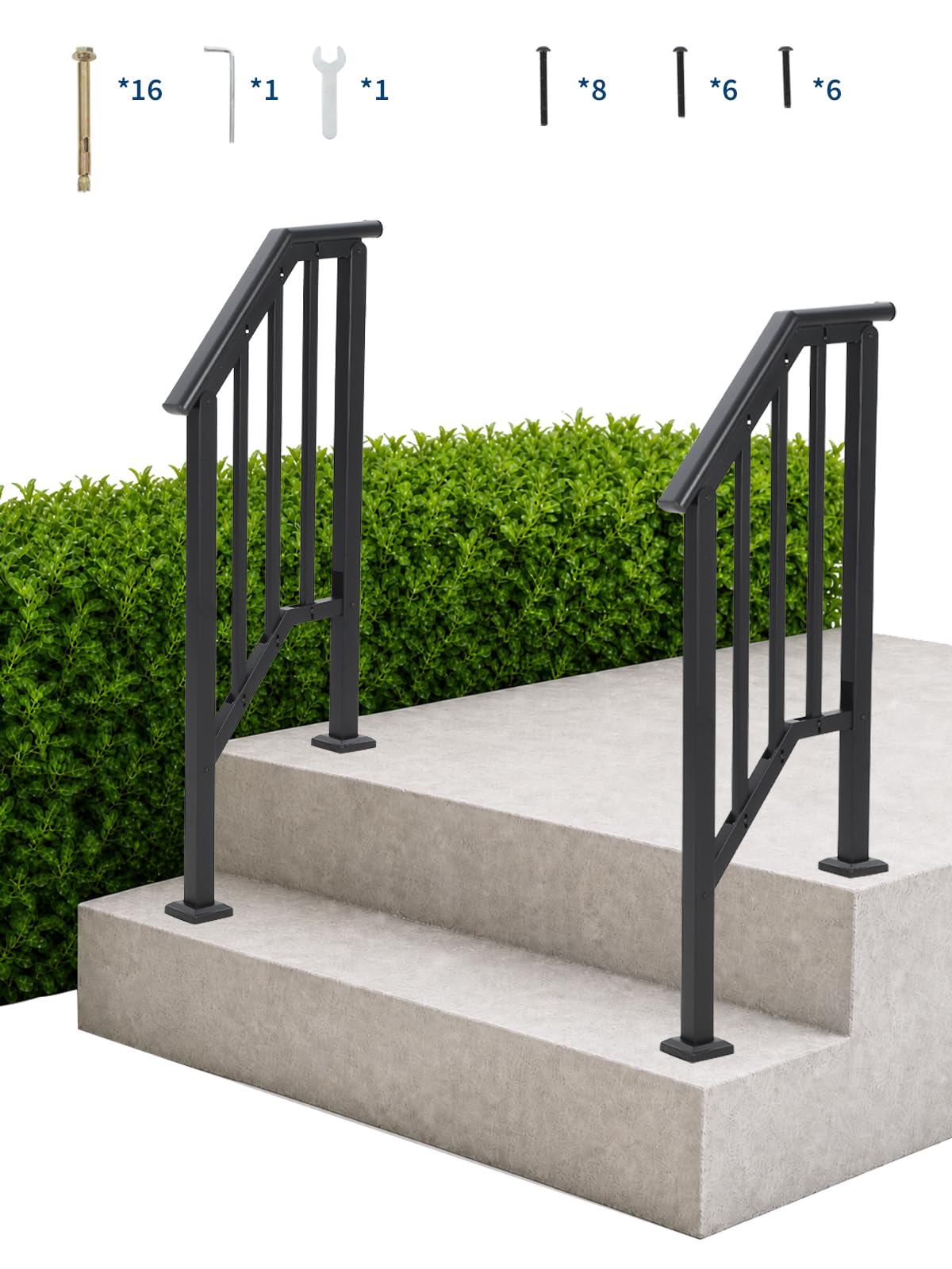 GarveeLife 2-Pack Black Metal 2 Steps Outdoor Stair Handrails Kit
