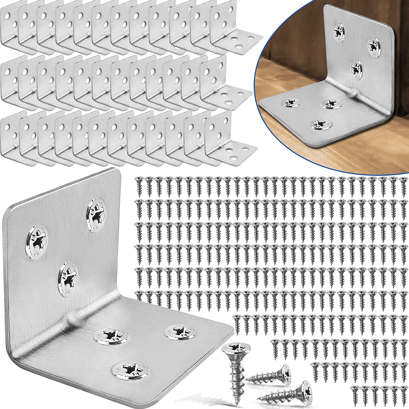 JVFCXXV  36PCS Stainless Steel L Brackets for Shelves with 216PCS Screws Heavy Duty Angle Brackets for Wood Small Corner Brackets Brace for Bed