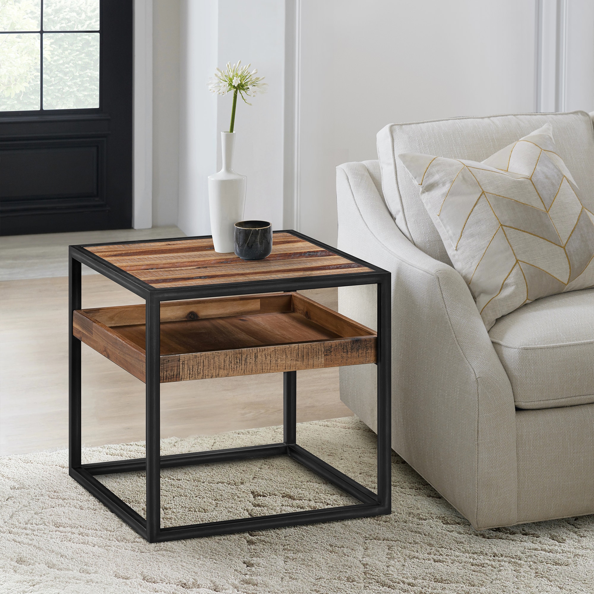 Acacia and Black Metal Square End Table with Shelf