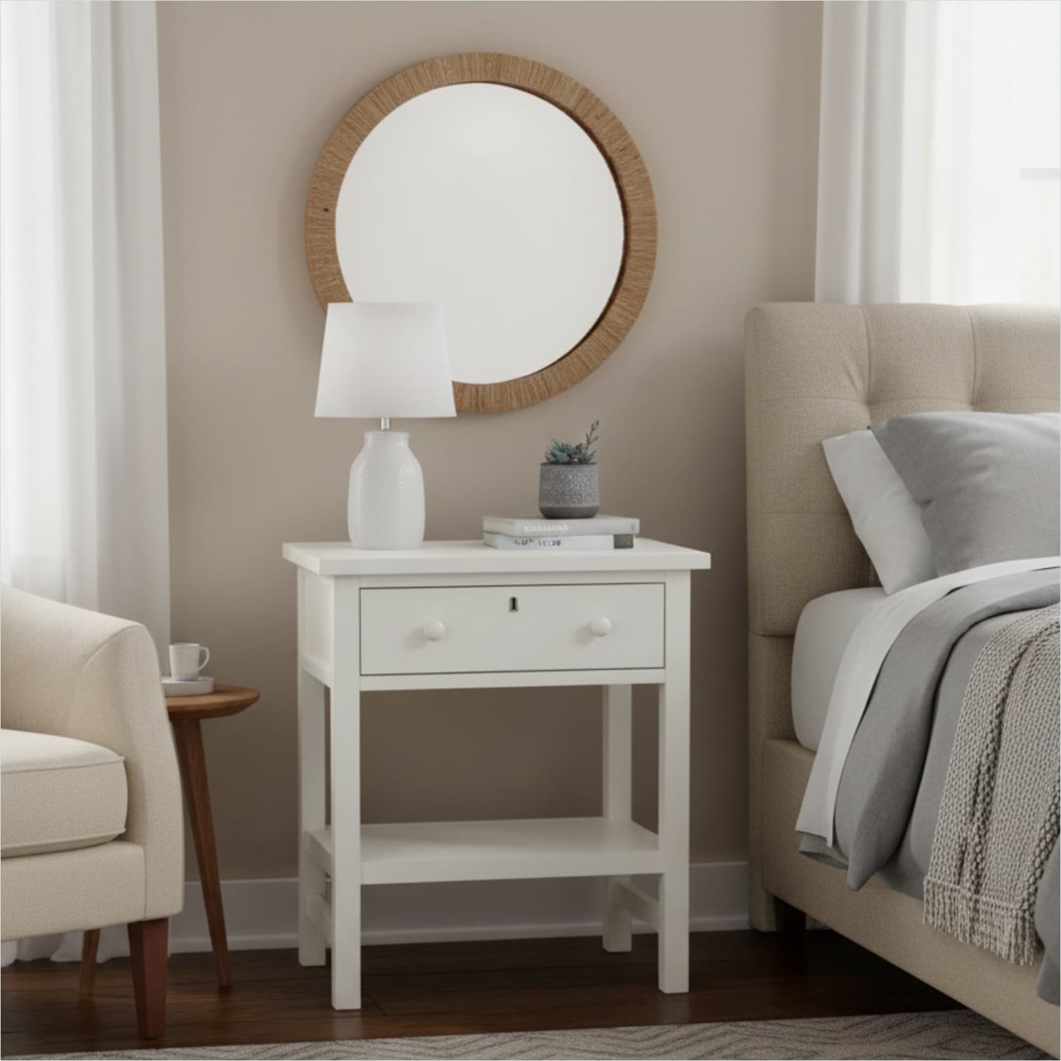 SUNCREAT Clean white nightstand with 1 drawer and open shelf distressed ...