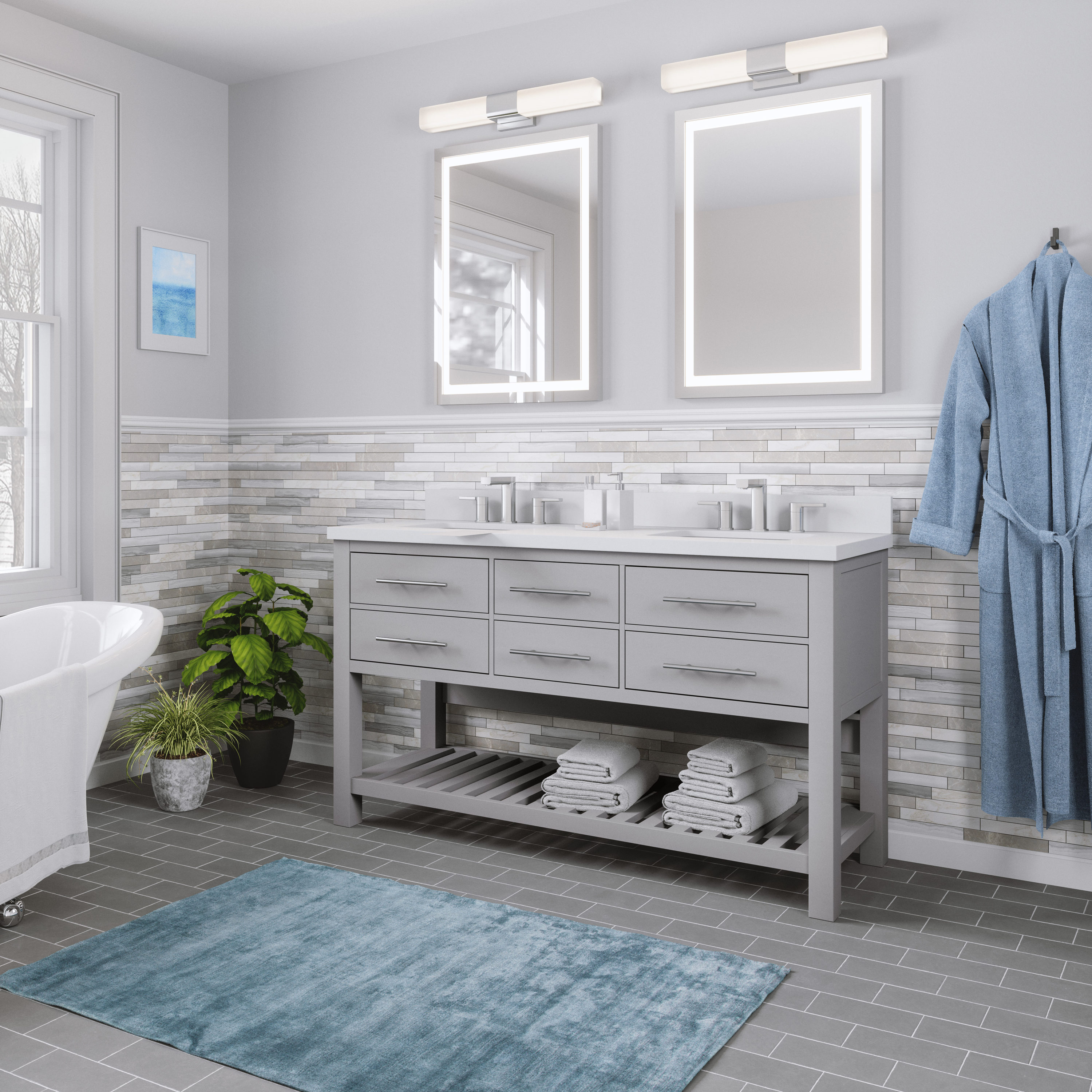 Light Gray Bathroom With Bathrobe Towel Builtin Storage Cabinet With  Mirrored Doors White Washbasin And Toilet Toilet Brush And A Trash Can  Shower With Glass Partition Stock Photo - Download Image Now 