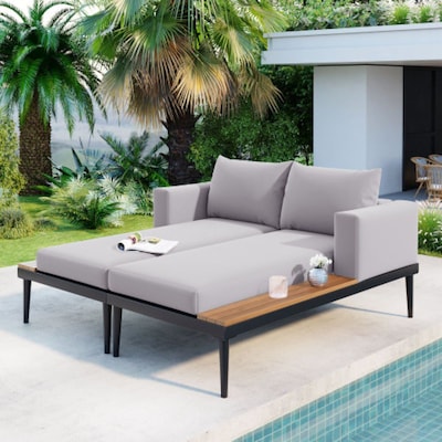 GDFStudio 325935 Sala Outdoor Metal with Wood Accents 2-in-1 Chaise Lounge Daybed-Grey