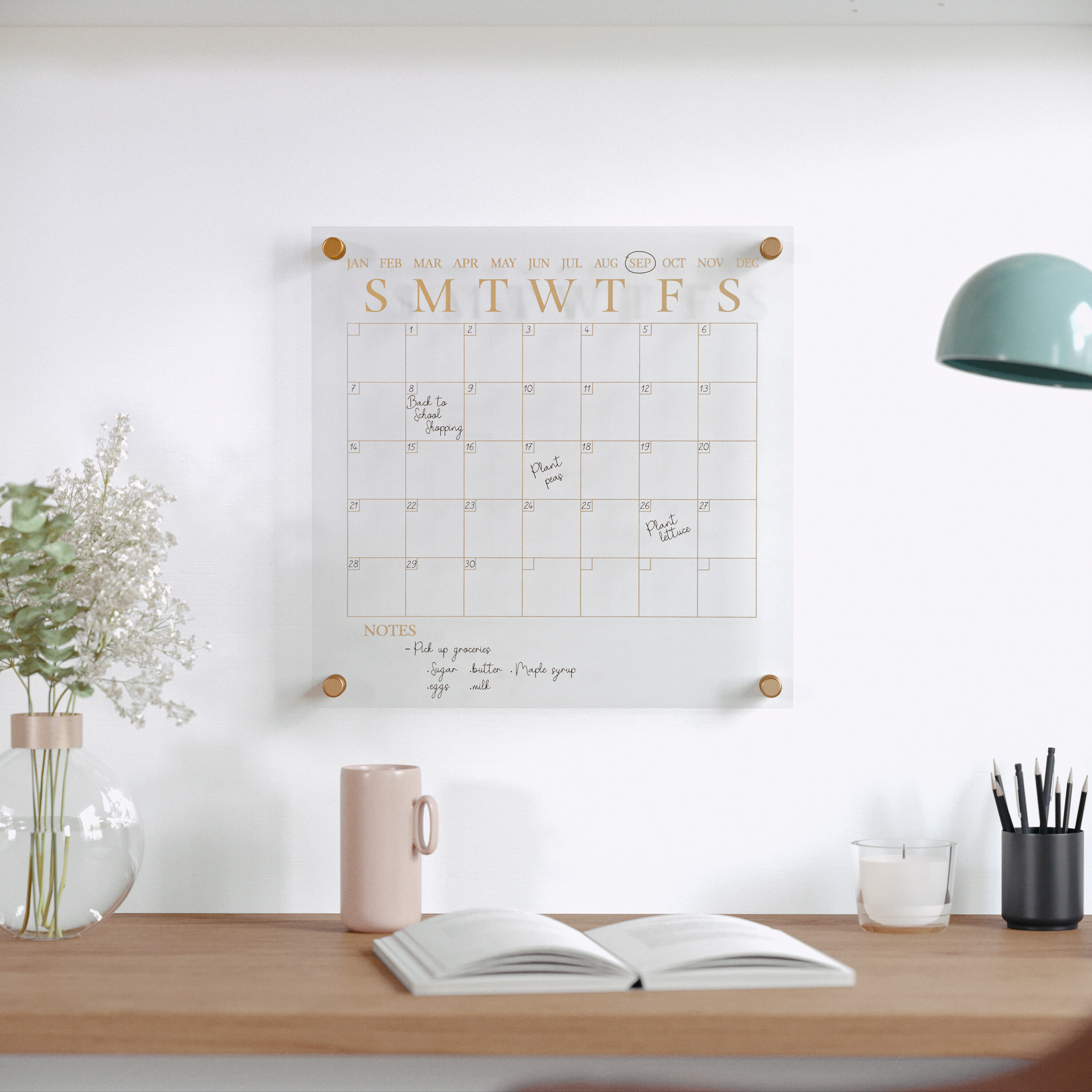 Clear Gold Acrylic Monthly Wall Calendar with Dry Erase Marker