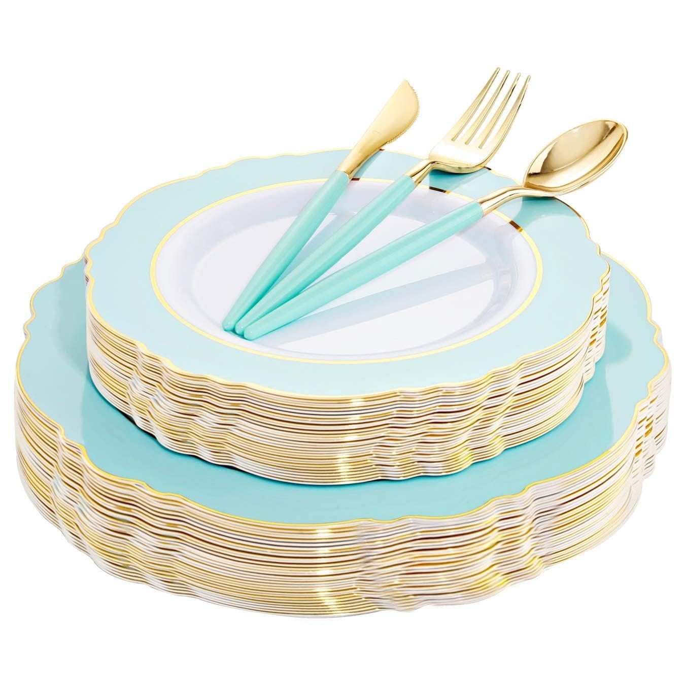 Aoibox  Mint Green Plastic Plates and Gold Disposable Silverware Set with Green Handles for 30 Guests Elegant