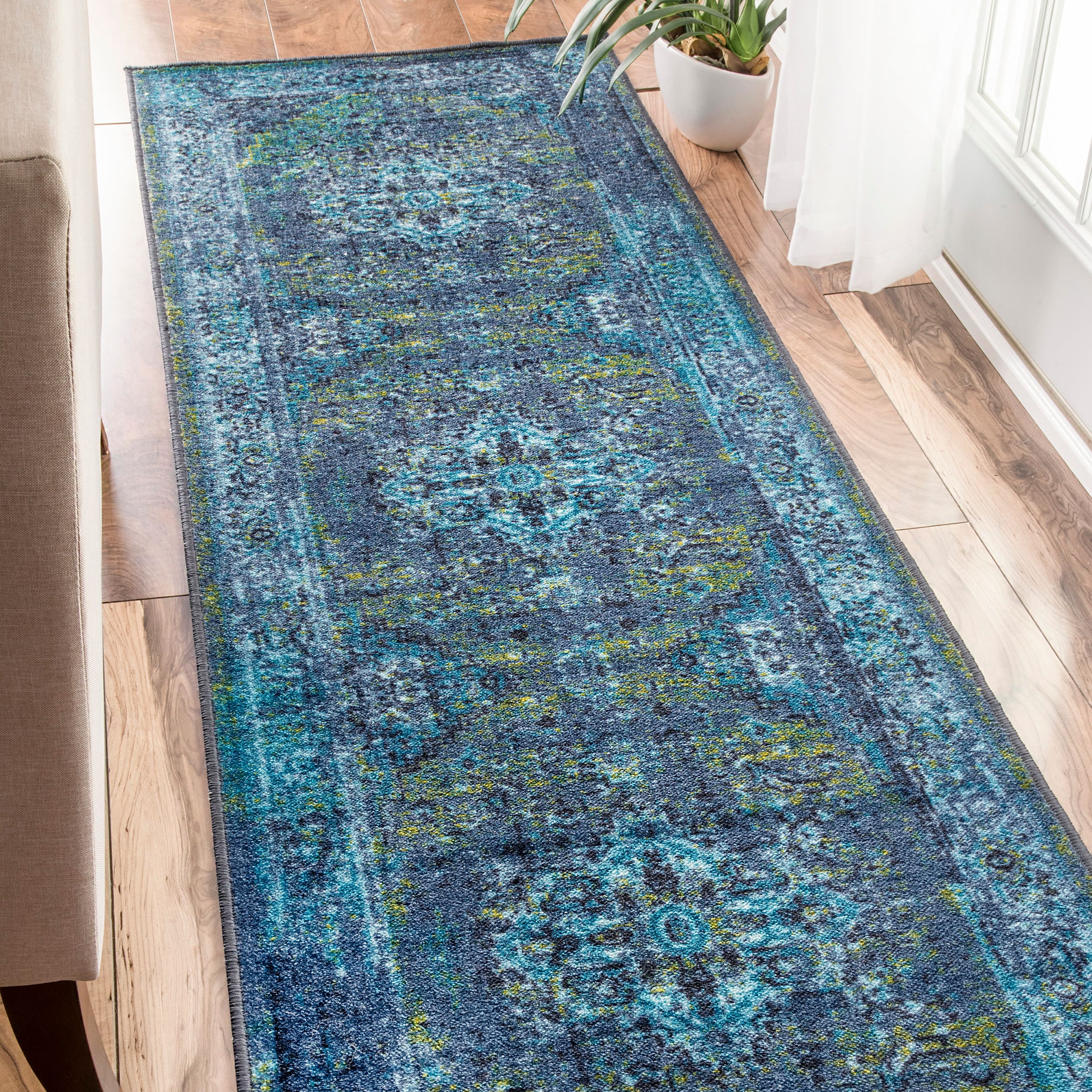 nuLOOM MCGZ01C-26012 Reiko 2 x 12 (ft) Loomed Nylon Blue Rectangular Indoor Distressed/Overdyed Runner rug