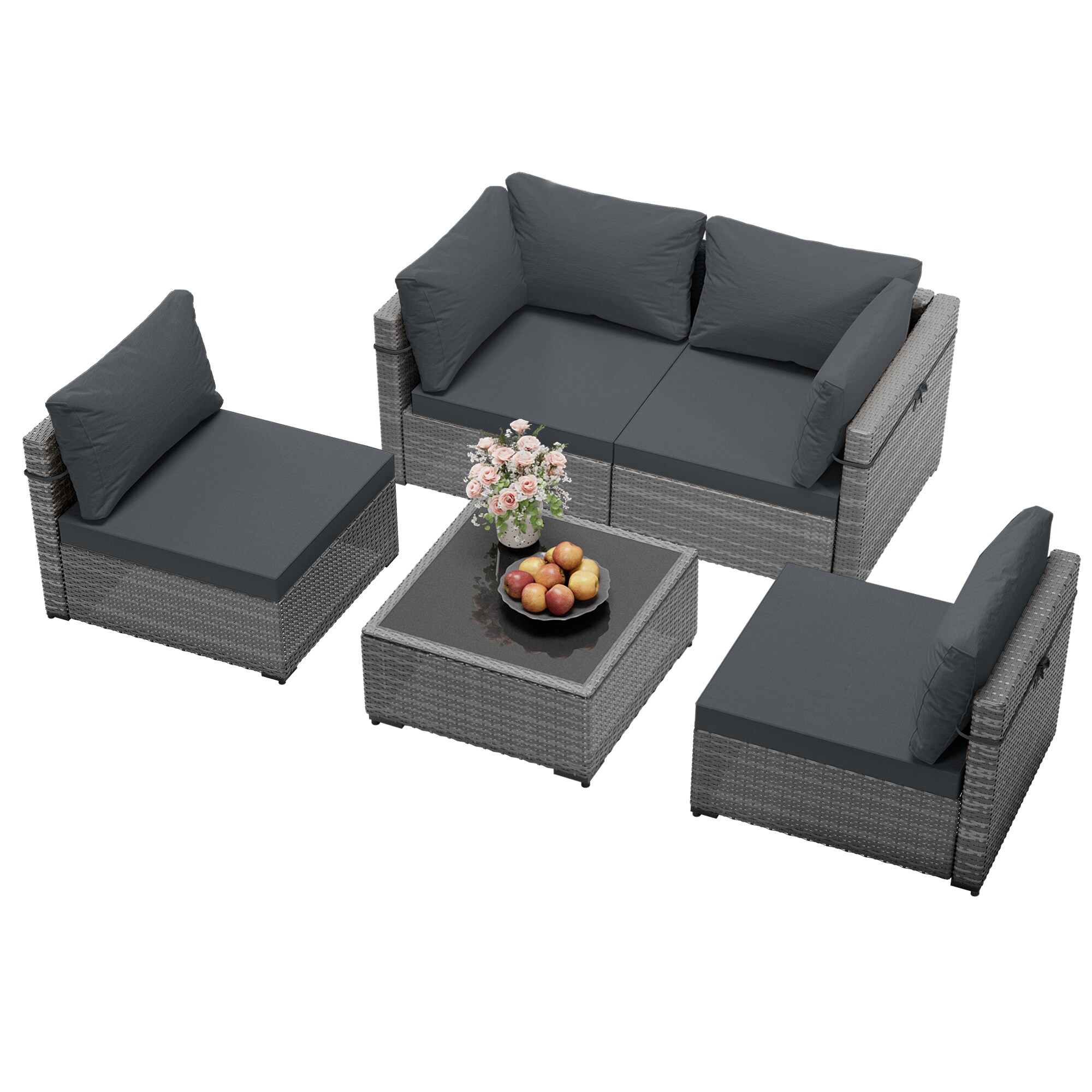 UPHA TBDK-5-SHENHUI 5 -Piece Wicker Patio Conversation Set with Gray Cushions