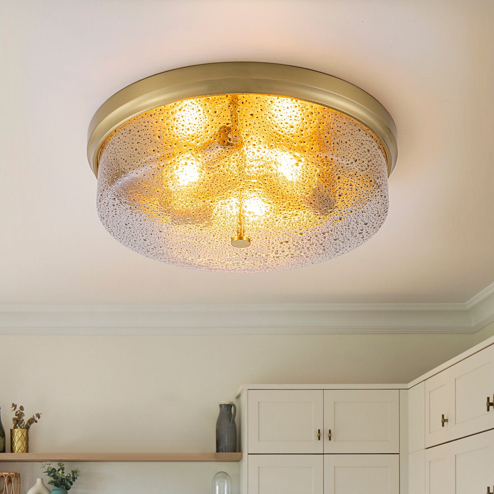 Dusklark 3-Light Seeded Glass Gold Drum Flush Mount Ceiling Light