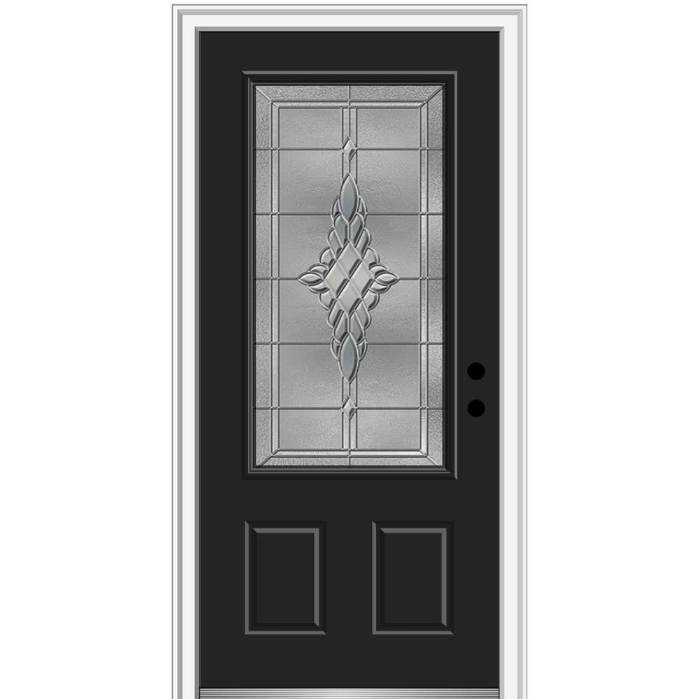 MMI DOOR ZZ3667002L 36-in x 80-in x 4-9/16-in Fiberglass 3/4 lite Left-hand inswing Black Painted Prehung Front Door with Brickmould Insulating core