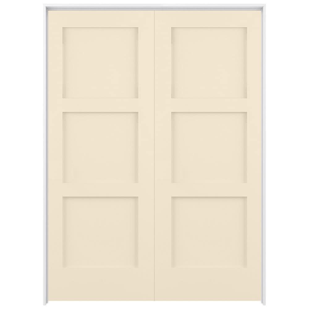 RELIABILT LO1369257 72-in x 80-in Cream-n-Sugar Solid core 3-panel square Reversible/Universal Smooth Prefinished Pine Wood Flat Jamb Double Prehung Interior Door