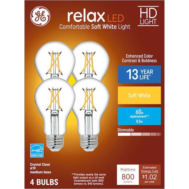 Relax 60-Watt EQ A19 Soft White Medium Base (e-26) Dimmable LED Bulb (4-Pack) in the General Purpose LED Light Bulbs department at Lowes.com