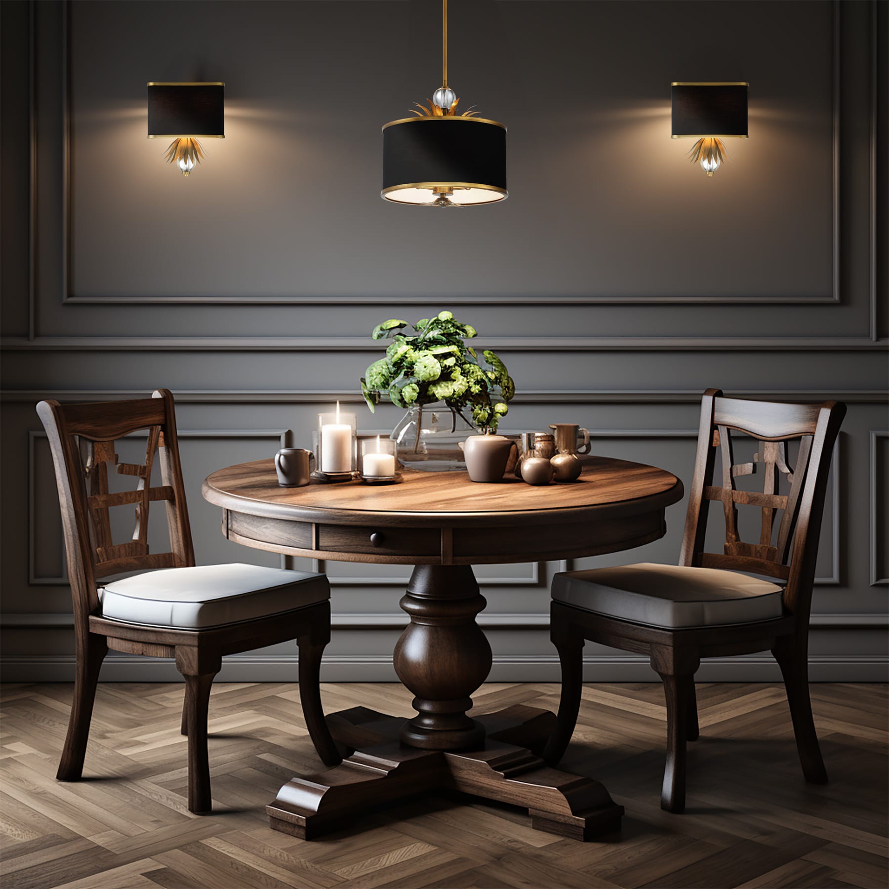 Natural Brushed Brass Pendant Light with Black Fabric Shade