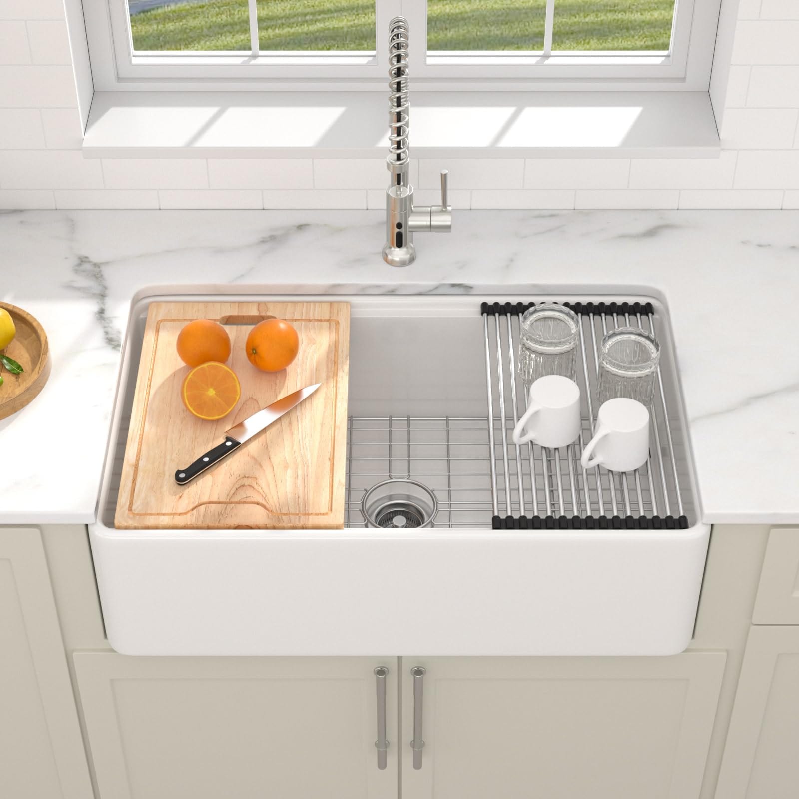 Dcolora 33-in Workstation White Fireclay Farmhouse Sink Apron Front Single Bowl Kitchen Sink with Accessories Country Barn Style DC-AW2601 #DC-AW2601
