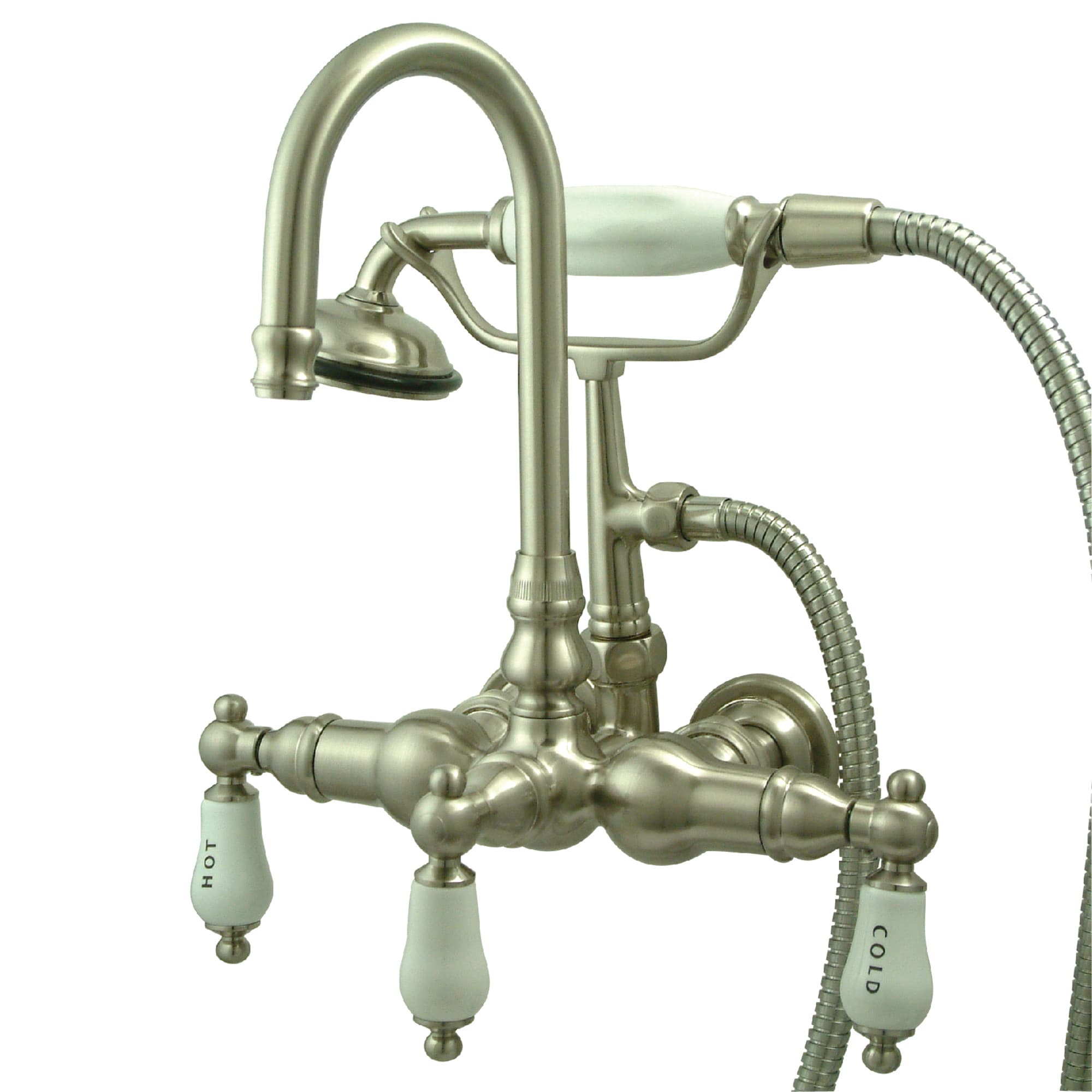 Vintage Satin Nickel Triple Handle Wall Mounted Tub Faucet with Handshower
