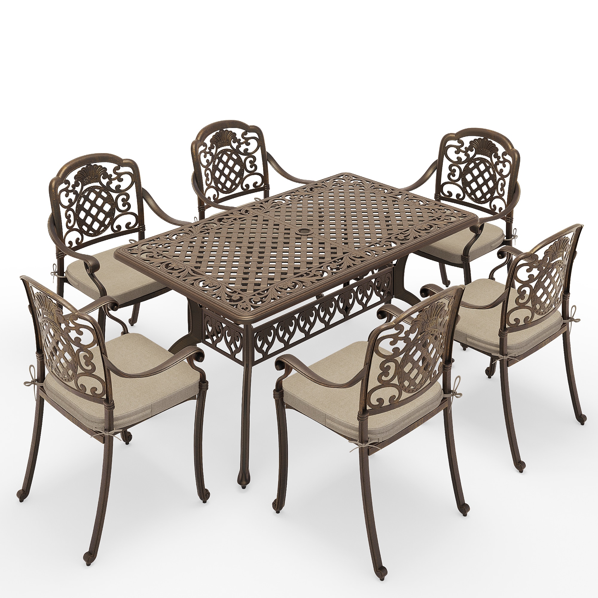 PamaPic TB-ZL-CZ-7JT-WL1 7 -Piece Gray Rattan Patio Dining Set Iron Square Table with 6 Gray Cushions Stationary Chairs