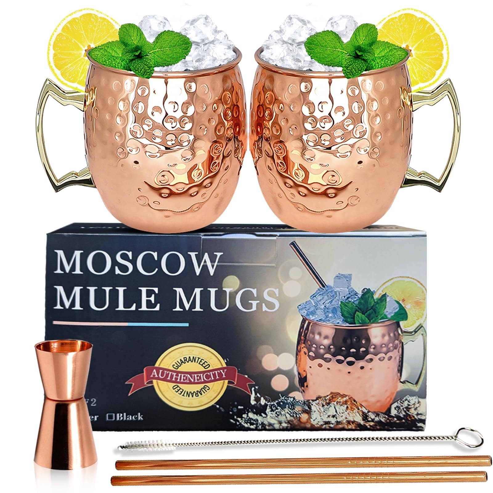 Aoibox  18 oz Hammered Copper Plated 304 Stainless Steel Moscow Mule Mugs Food Safe Cold Drink Barware Set of 2