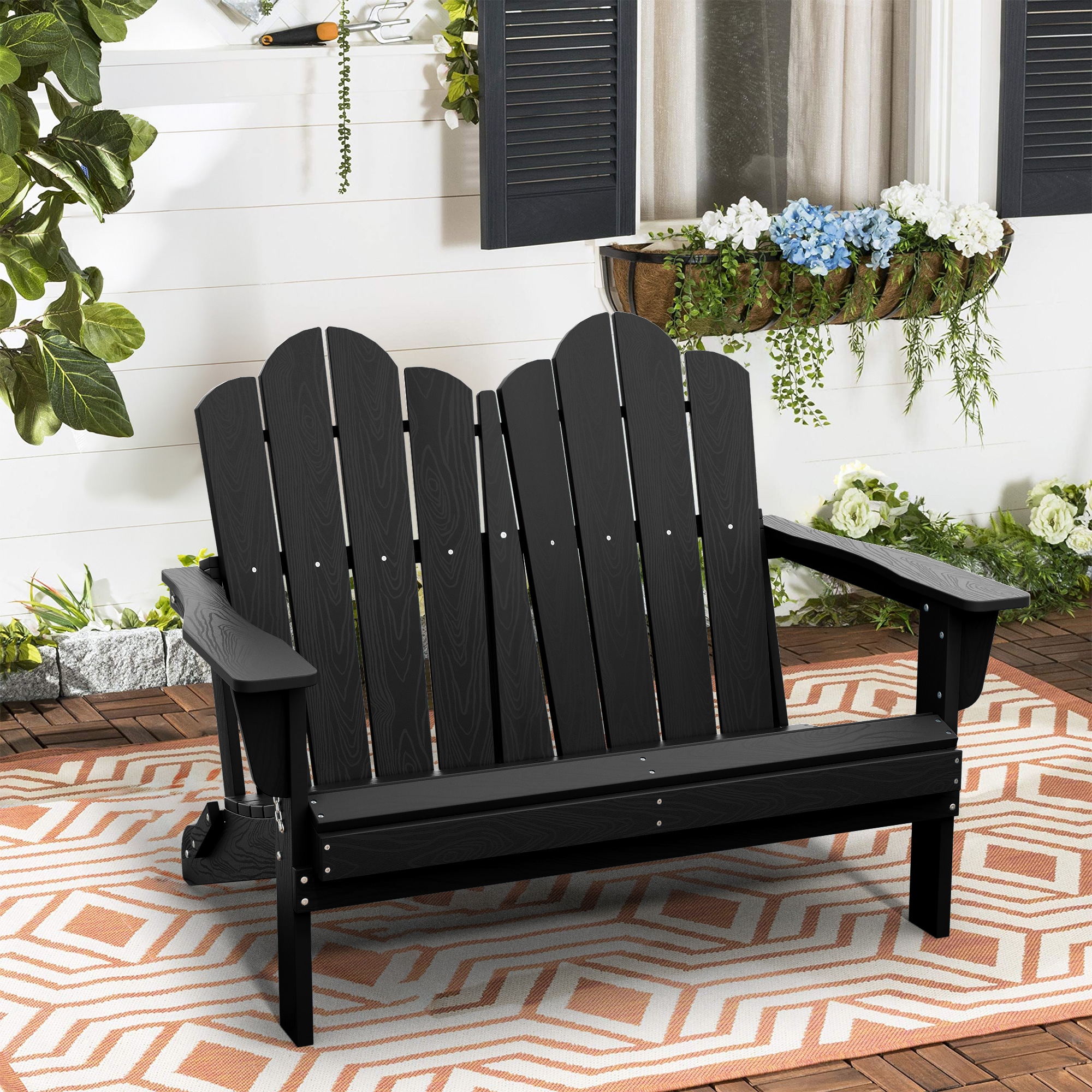 VOUA 2YDY-BK Poly Black HDPE Frame Stationary Adirondack Chair with Solid Seat