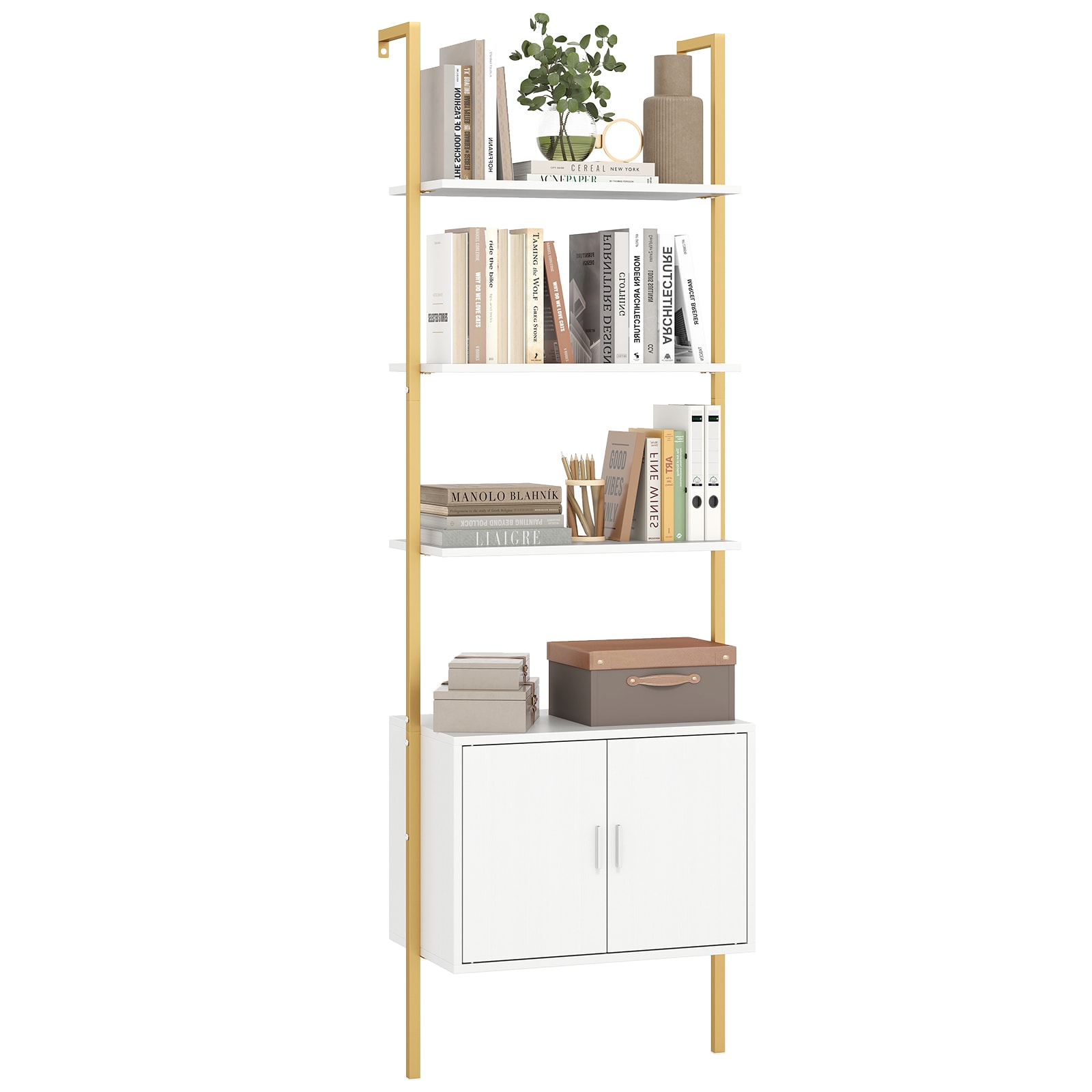 SUGIFT 72.5-in Tall Bookshelf with Cabinet 24-in Wide Anti-Tipping Kits and Metal Frame Engineered Wood Ladder Bookcase White