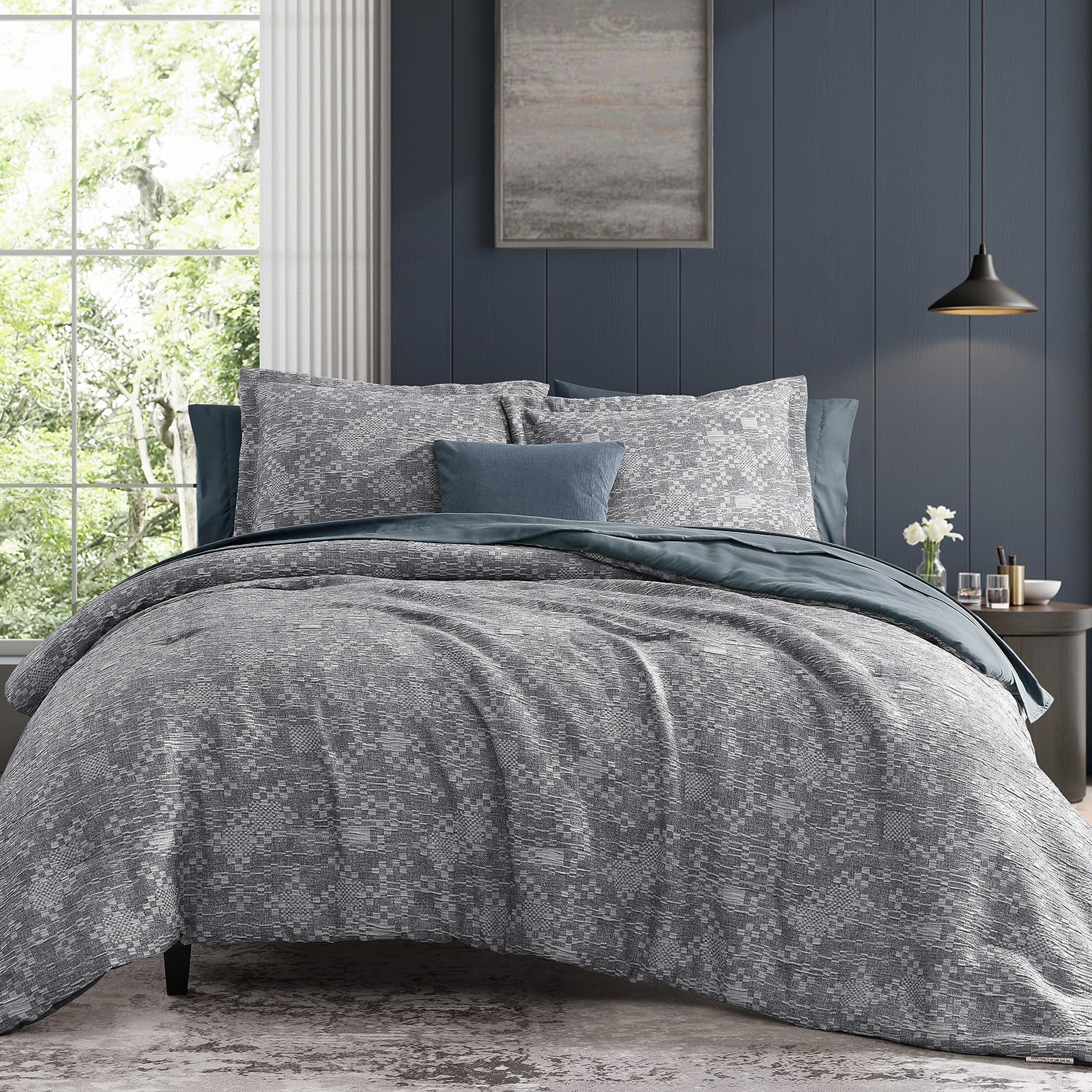 OMOMMD Navy Queen 7 Piece Crinkle Textured Bed In A Bag Set Soft Polyester All Season Bedding #5749848218752