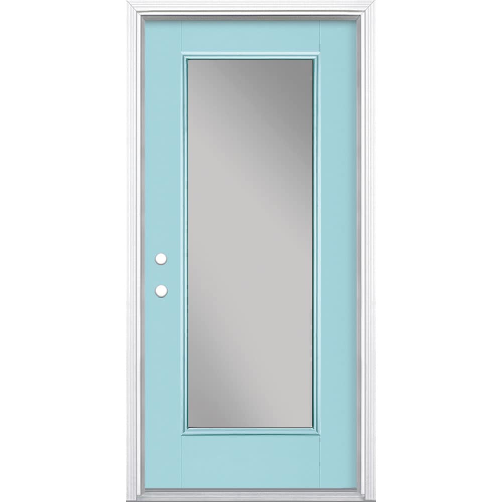 Masonite 1218704 36-in x 80-in x 4-9/16-in Fiberglass Full lite Right-hand inswing Caribbean Blue Painted Prehung Front Door with Brickmould Insulating core