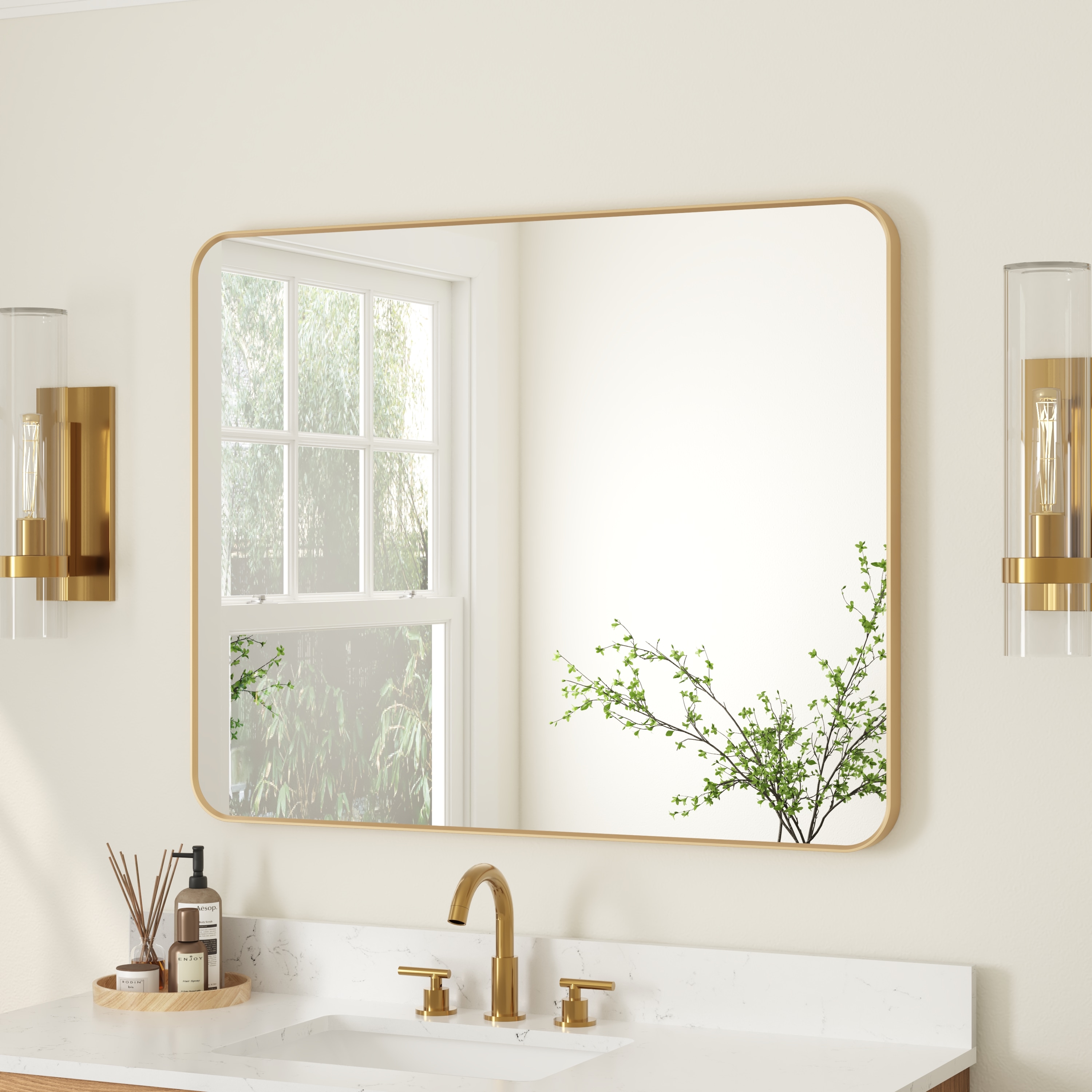 WELLFOR F1MR4032BG Bella Bathroom Mirror 40-in x 32-in Framed Rectangle Bathroom Vanity Mirror ( Brushed Gold )