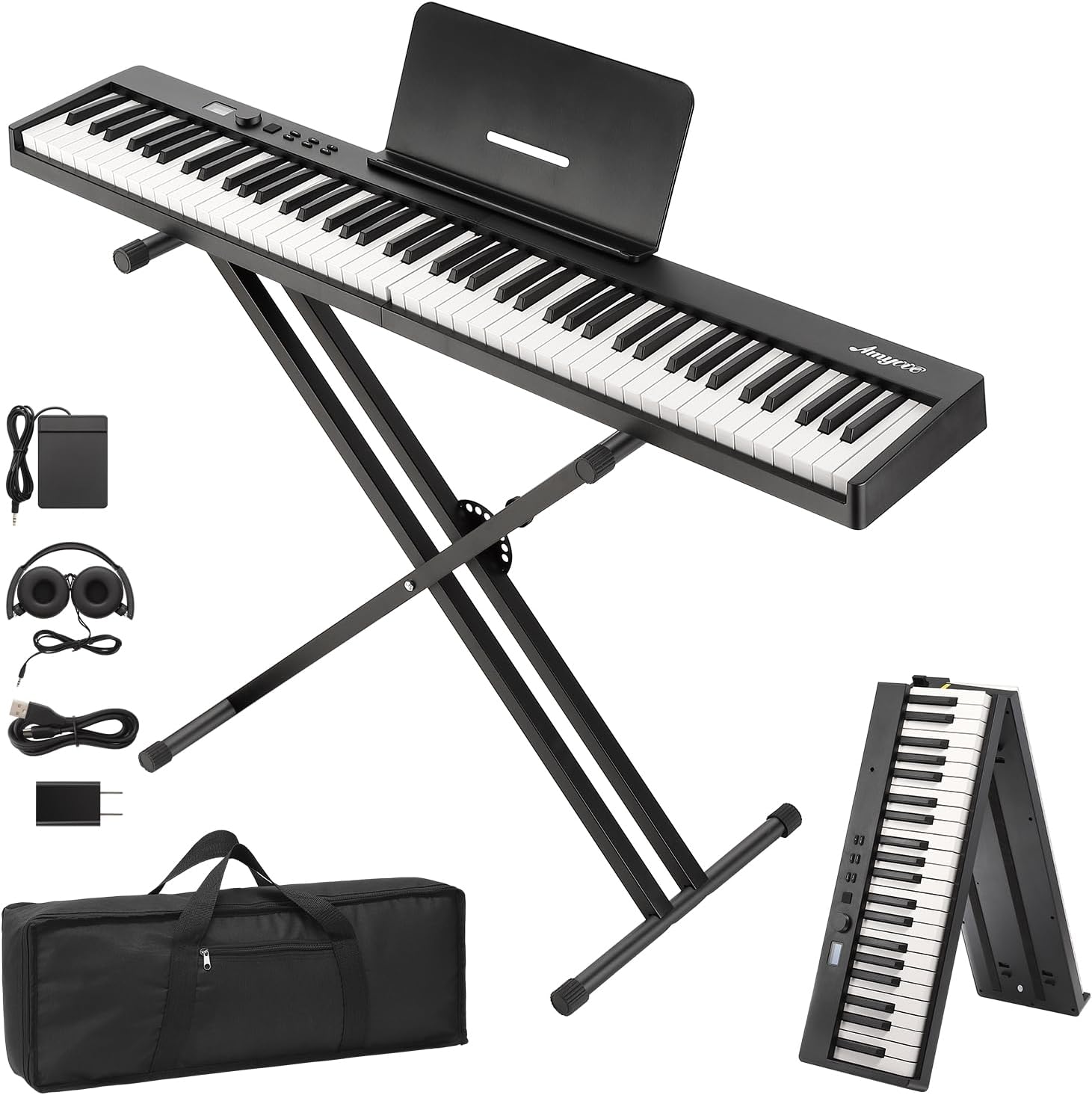 Qeetex PD-PEL-0S8OS3MF 88-Key Portable Electric Keyboard-Full Size Semi-Weighted-Folding Design With Stand-Pedal-Headphones-Carry Bag-MIDI Bluetooth