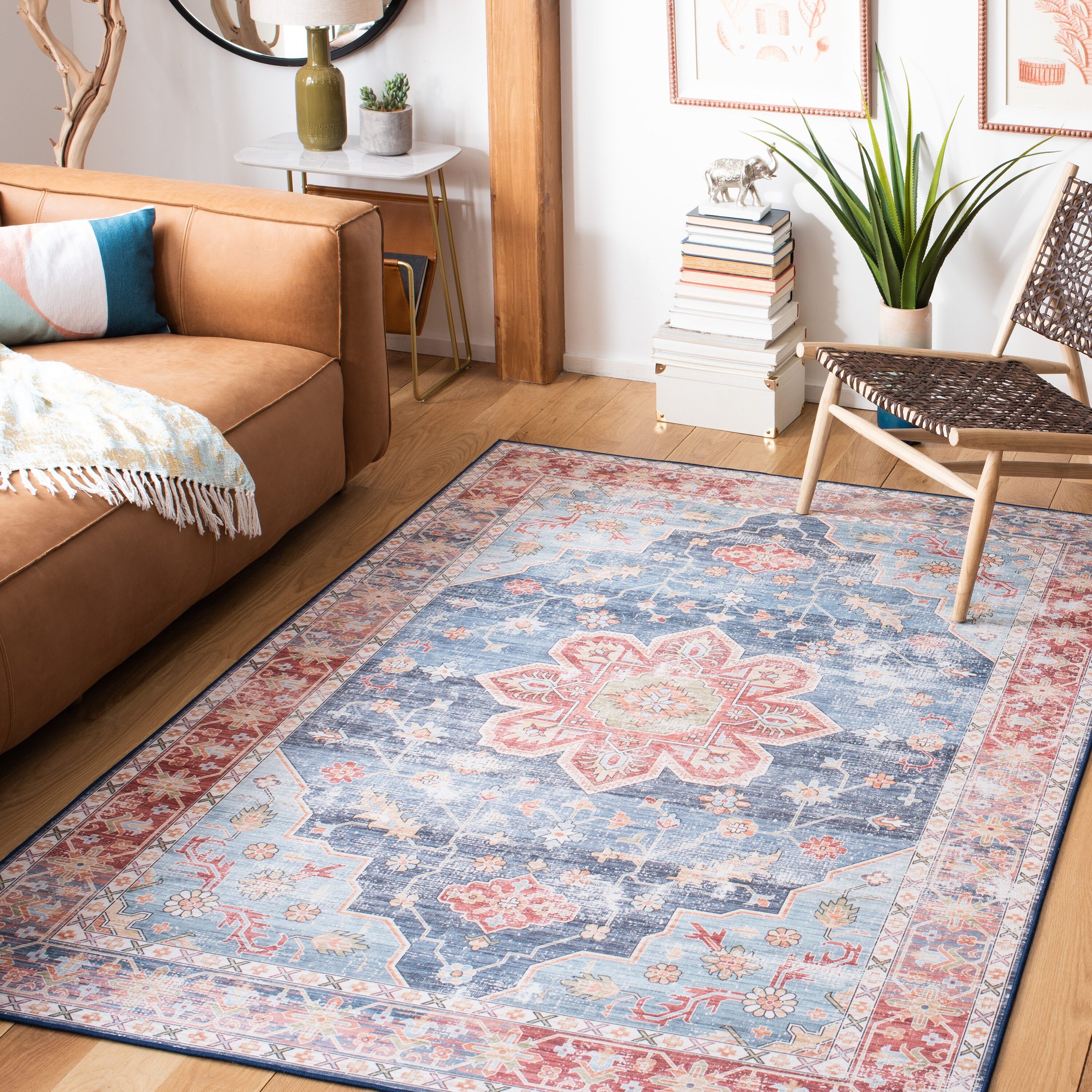 Tucson Vintage Persian 110M Blue Rust Machine Washable/Slip Resistant 4ft x 6ft Traditional Rug