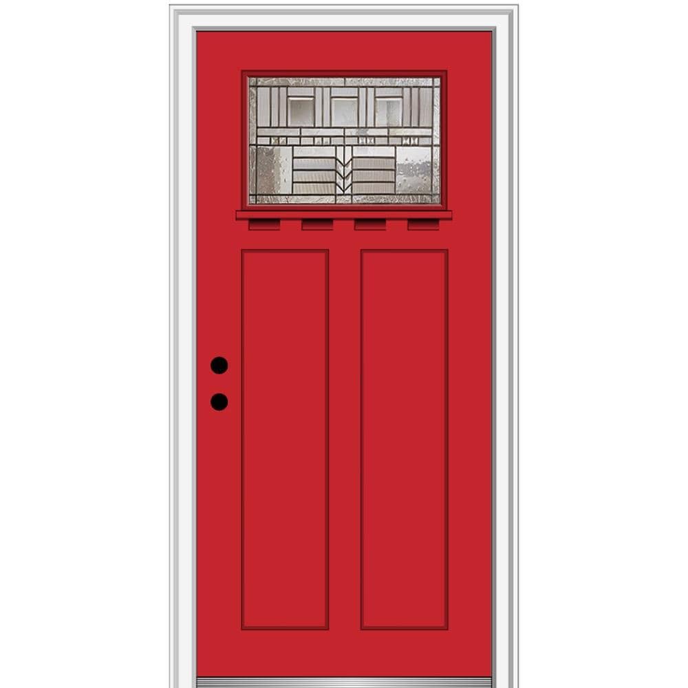 MMI DOOR ZZ3664311R 32-in x 80-in x 4-9/16-in Fiberglass Craftsman Right-hand inswing Red Saffron Painted Prehung Front Door with Brickmould Insulating core