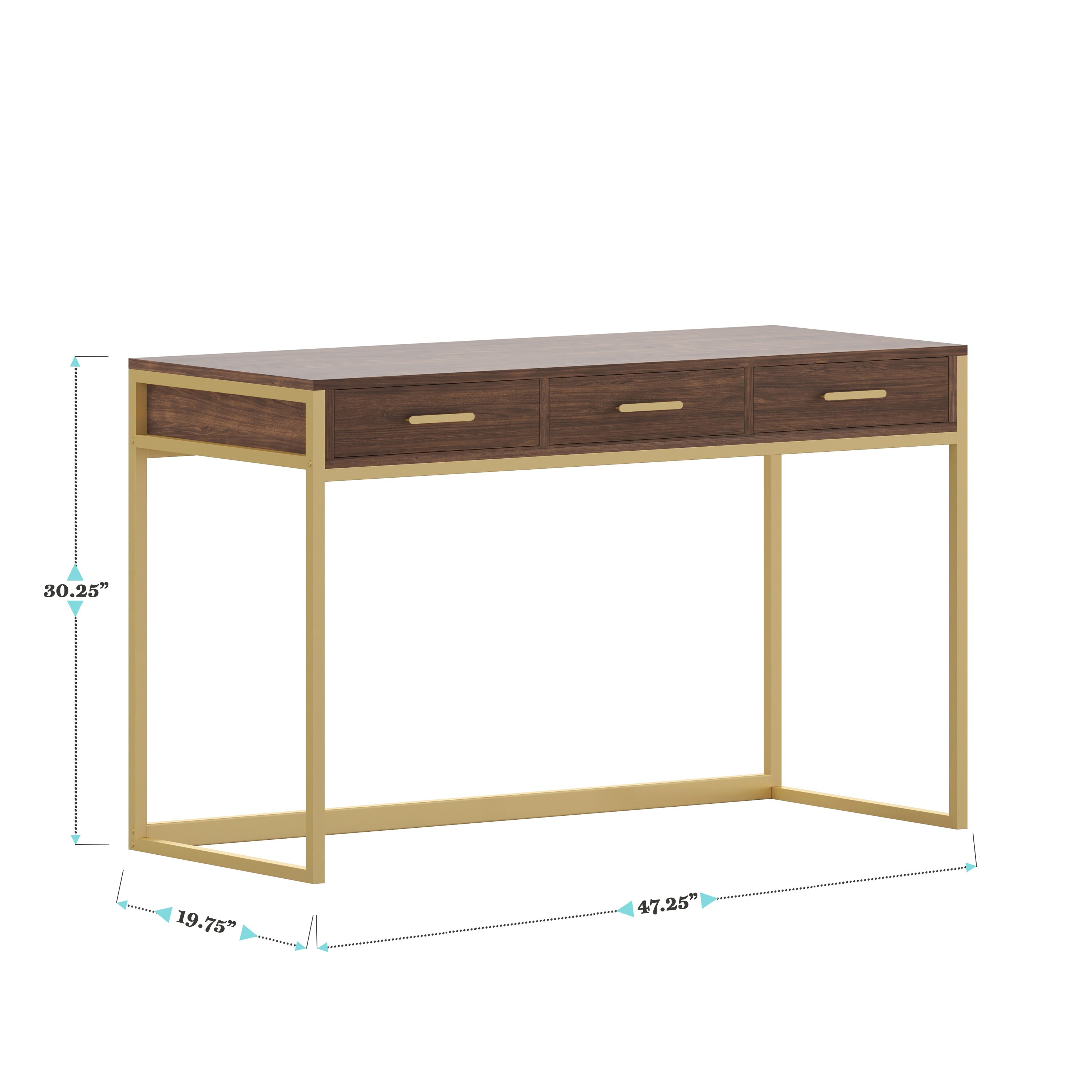 Walnut and Brass Modern Home Office Desk with Drawers