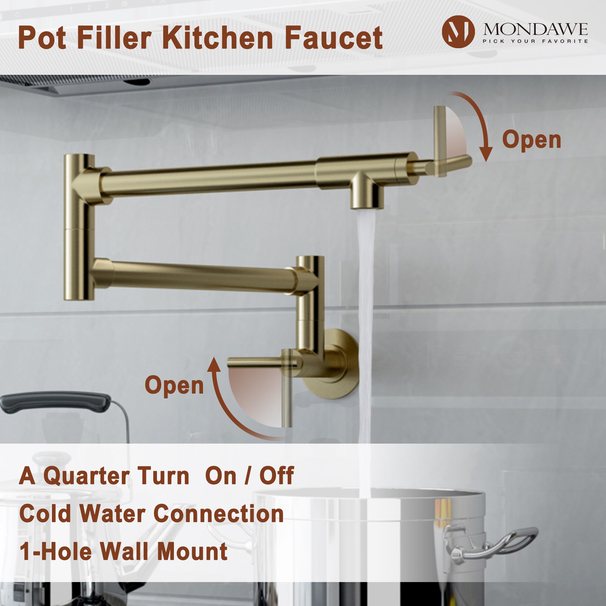 Mondawe Brushed Gold Double Handle Wall-mount Pot Filler Kitchen Faucet