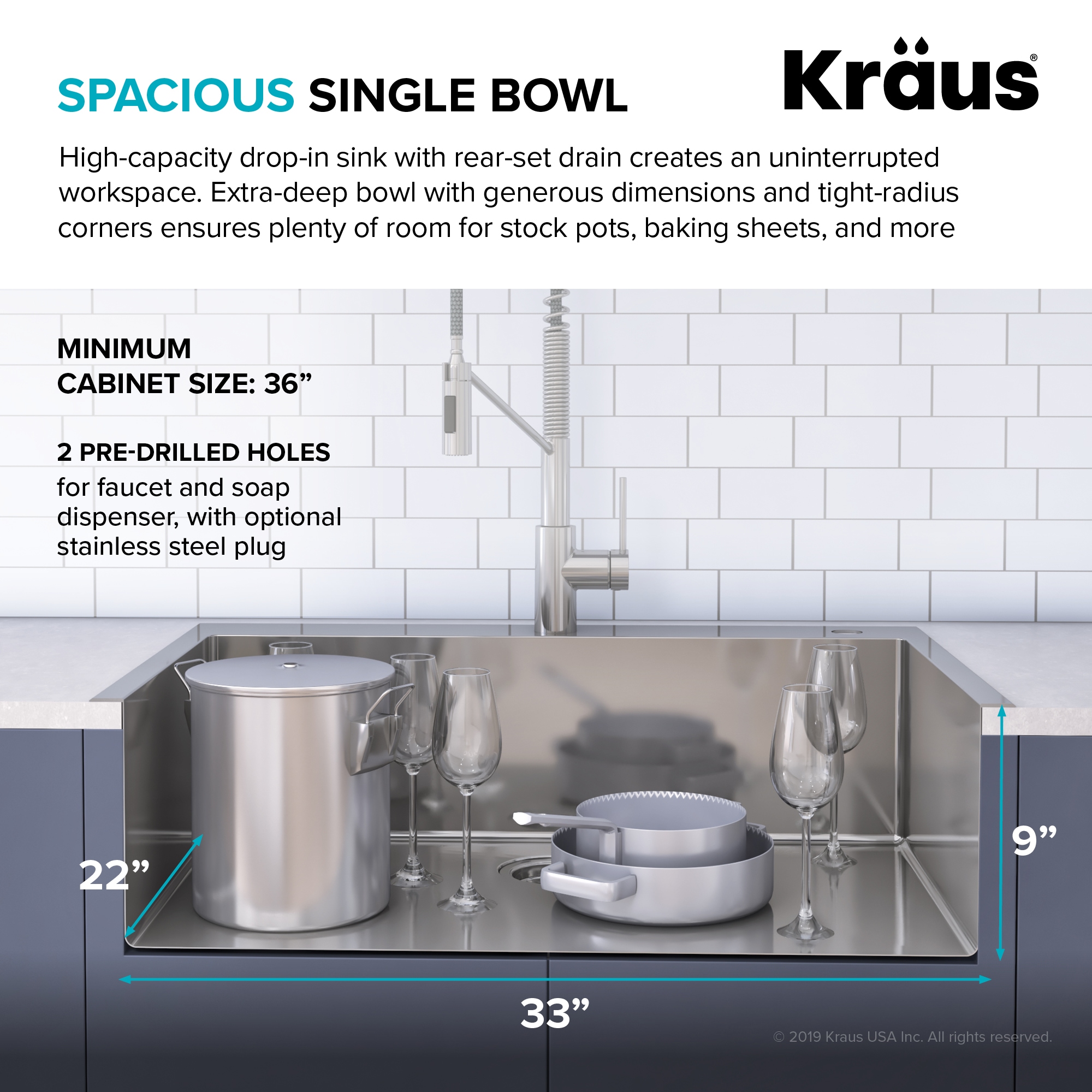 Kraus Loften Undermount/Drop-In Stainless Steel 33 in. 1-Hole Single Bowl Kitchen Sink 