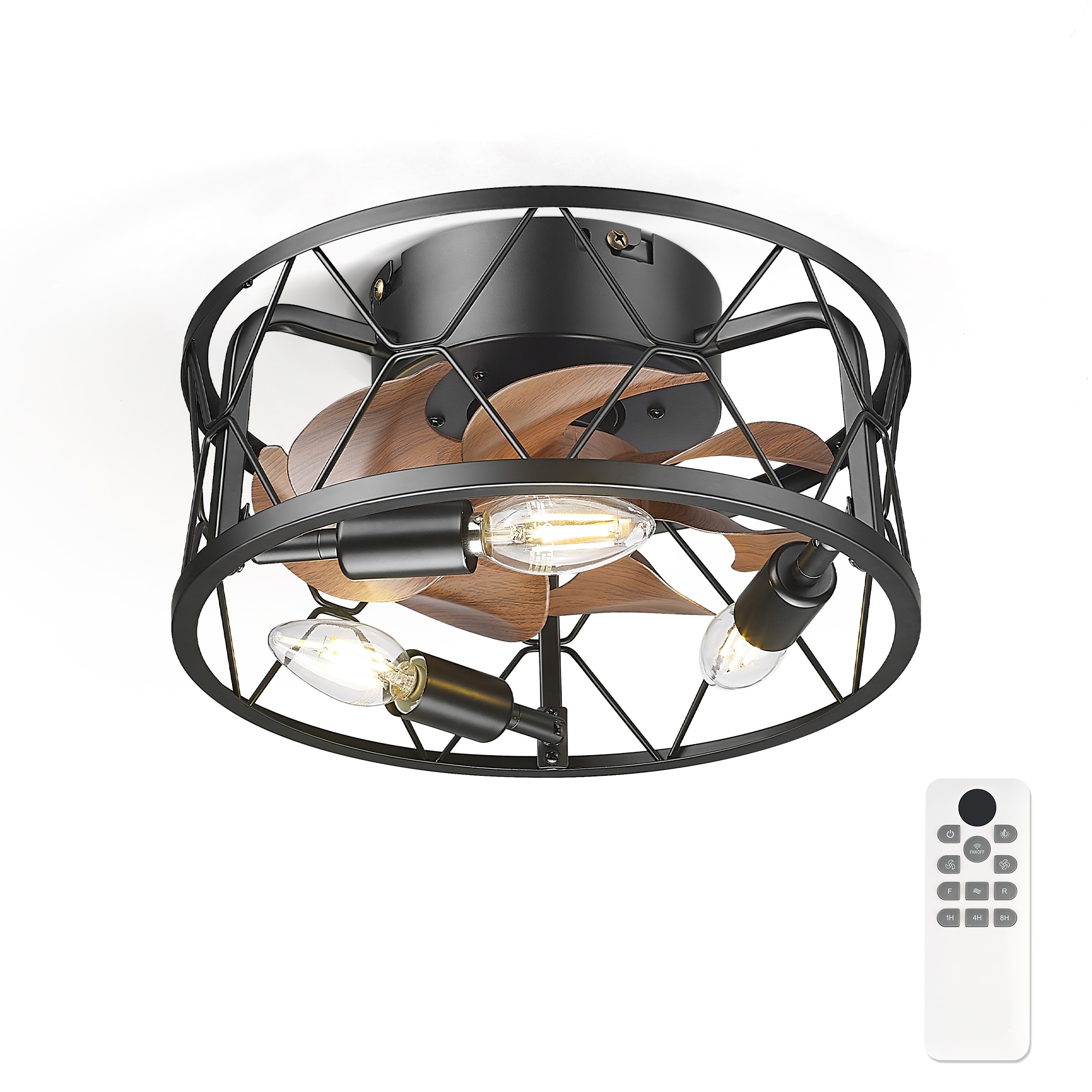 LTMATE LSLT-CF05WD JAZAVA 12-in Flush Mount Black with matte black Blades Cage Ceiling Fan With Light - Remote Included ( 7 -Blade )