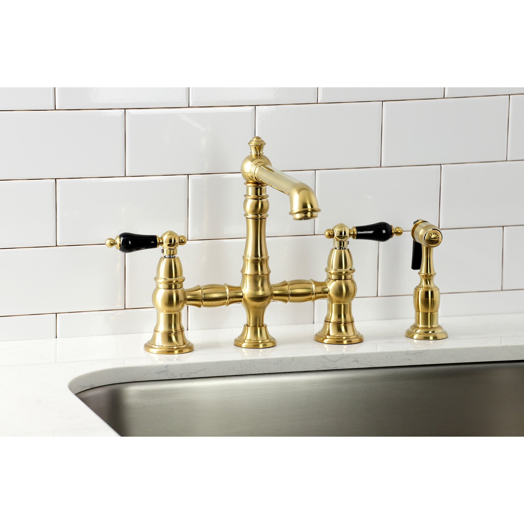 Kingston Brass WLKS7277PKLBS Duchess Brushed brass Double Handle Deck-mount Bridge Kitchen Faucet with Sprayer