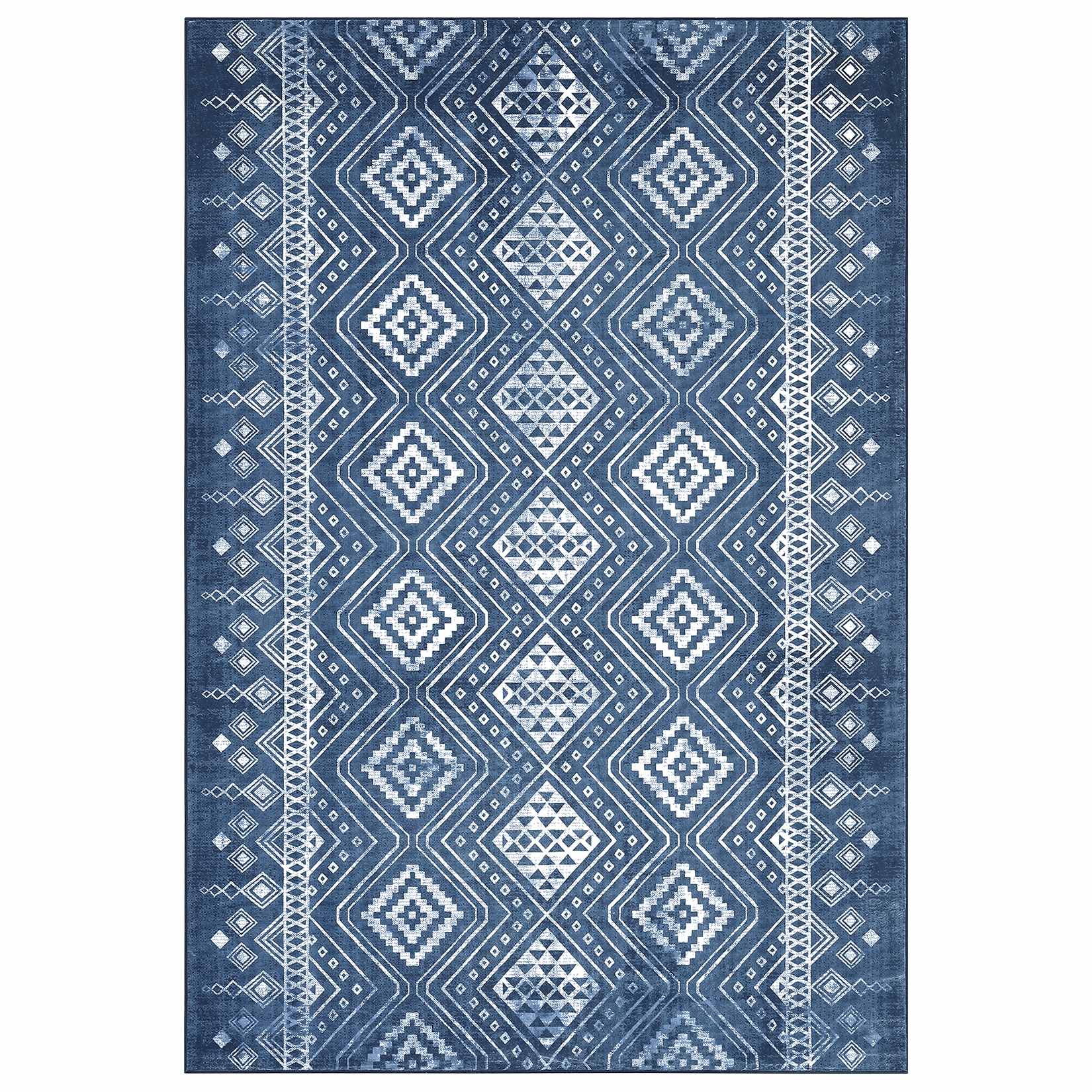 Qeetex LSN-PHO-0ZHVAXBR 8 x 10 ft Polyester Imitation Cashmere Gray Blue Rectangular Hallway Bathroom Entryway Kitchen Office Foldable Geometric Printed Bohemia Washable Area Rug